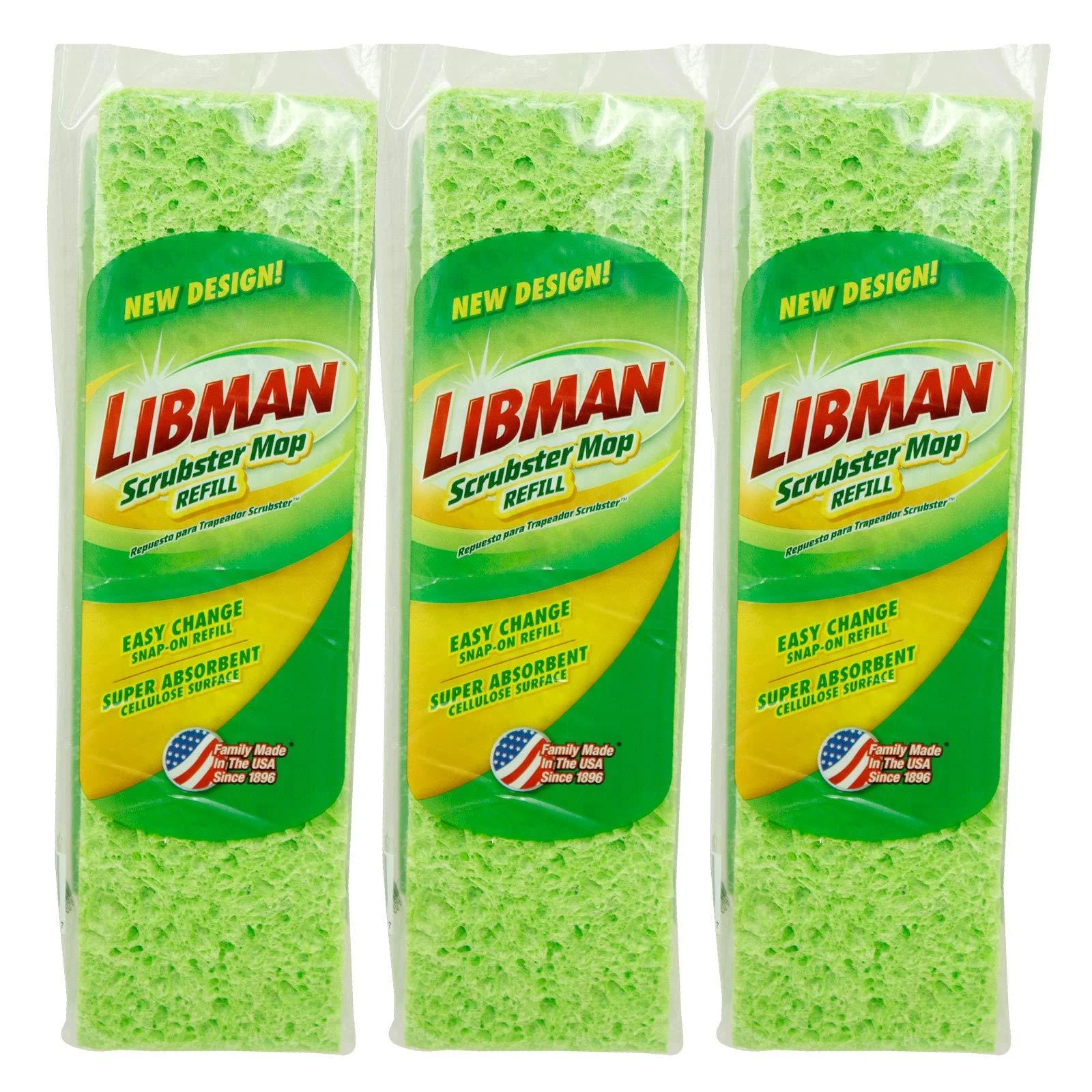 Libman 1481 Scrubster Mop Refill Pack, Extra-Absorbent, Cellulose Coated Sponge Replacement Heads for The Libman Scrubster Mop, 3 Pack