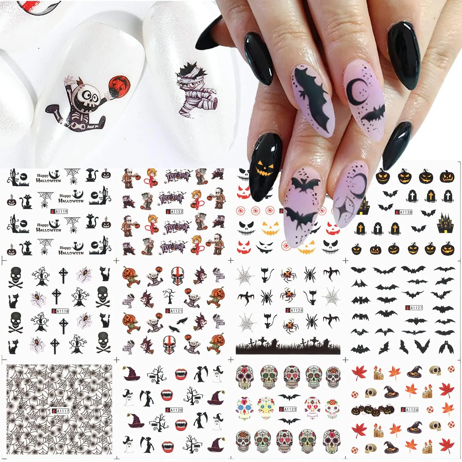 Halloween Nail Art Stickers Decals Fall Scary Ghost Bat Sugar Skull Nail Sticker Spider Web Water Transfer Nail Decoration DIY Manicure Supplies for Women Girls 1 - OCOUYVD