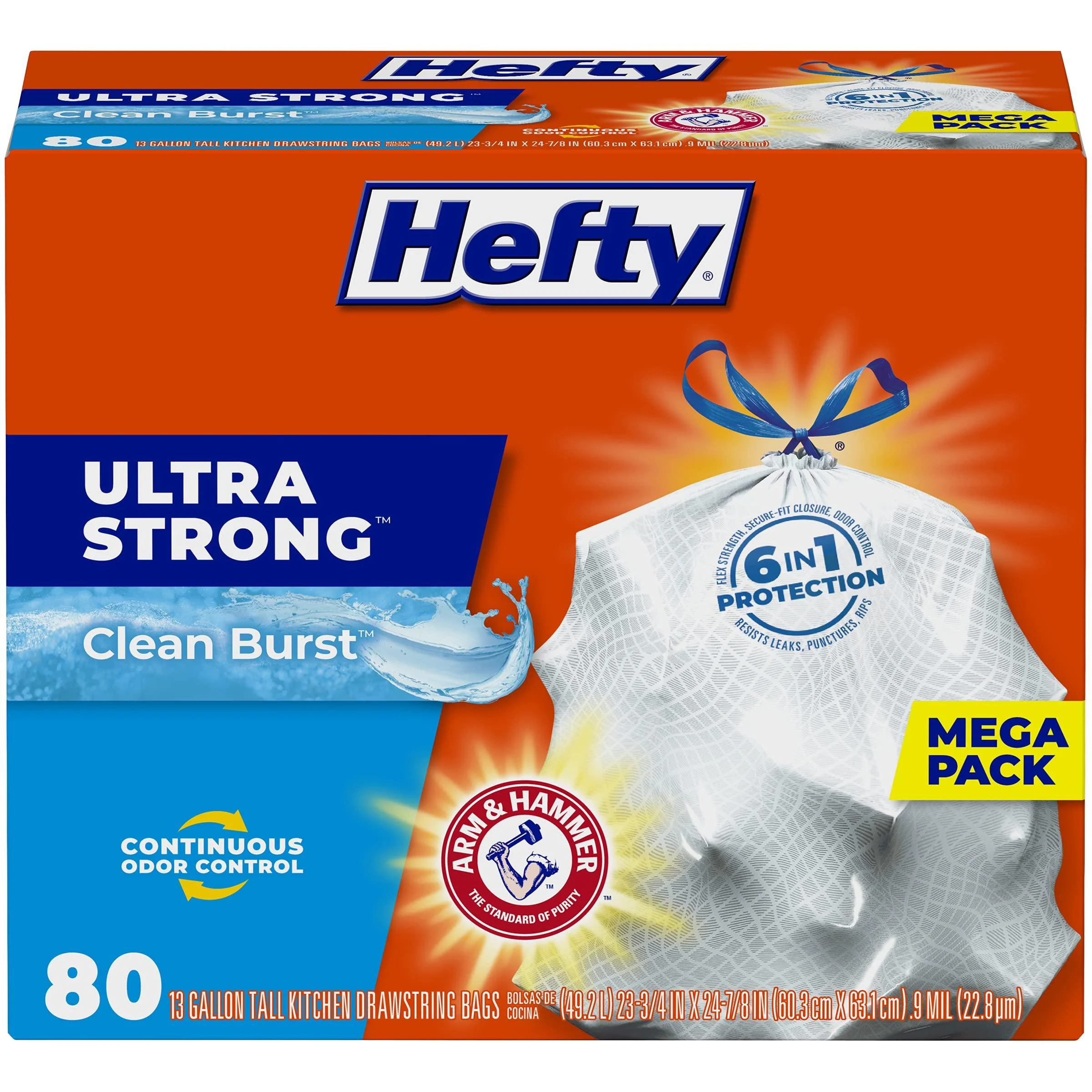 Hefty Ultra Strong Tall Kitchen Trash Bags, Clean Burst Scent, 13 Gallon, 80 Count Clean Burst 80 Count