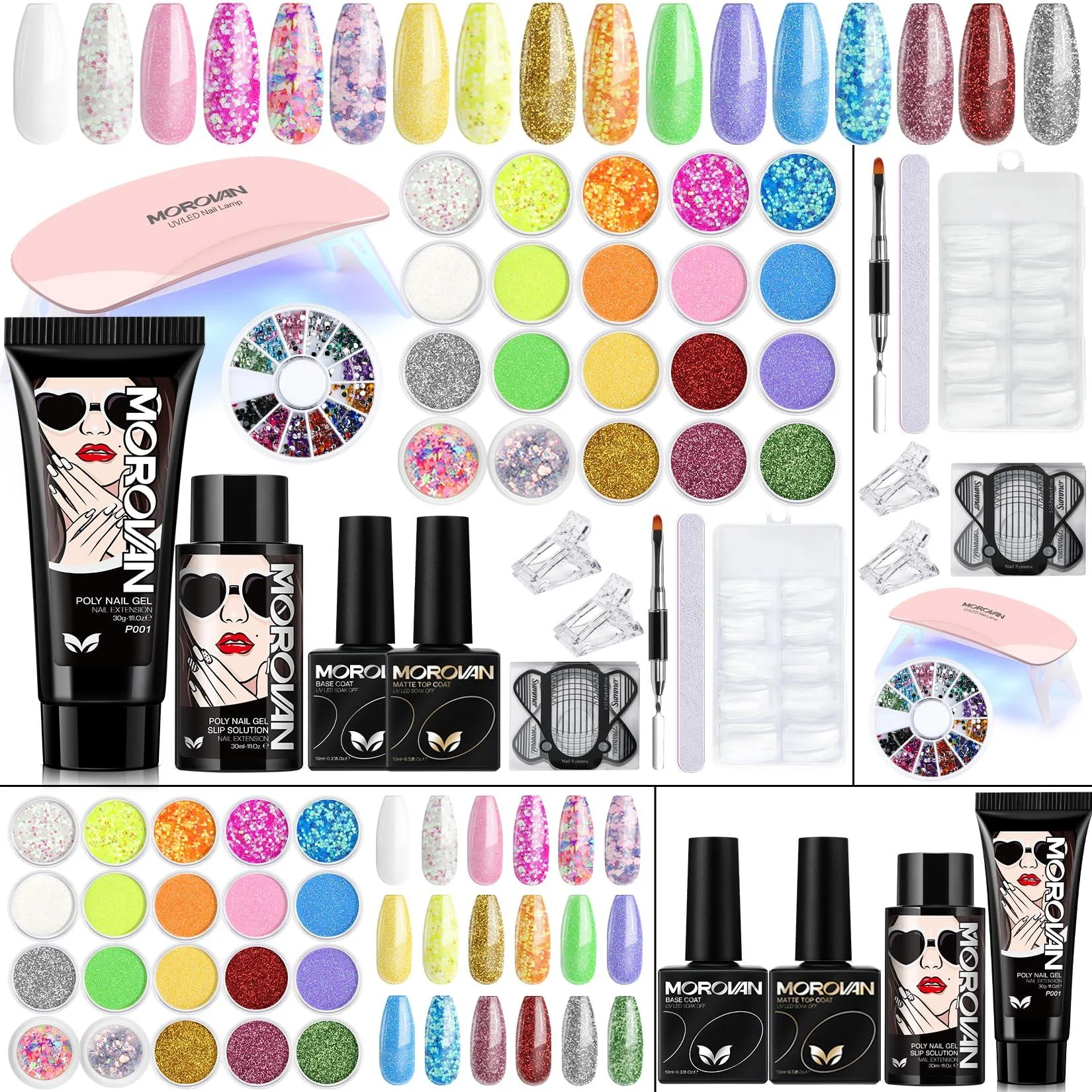 Morovan Poly Gel Nail Kit: Clear Poly Nail Gel Kit Starter Kit 20 Colors Glitter Poly Gel Kit with U V Lamp DIY Poly Gel Kit with U V Light Nail Extension Kit DIY At Home