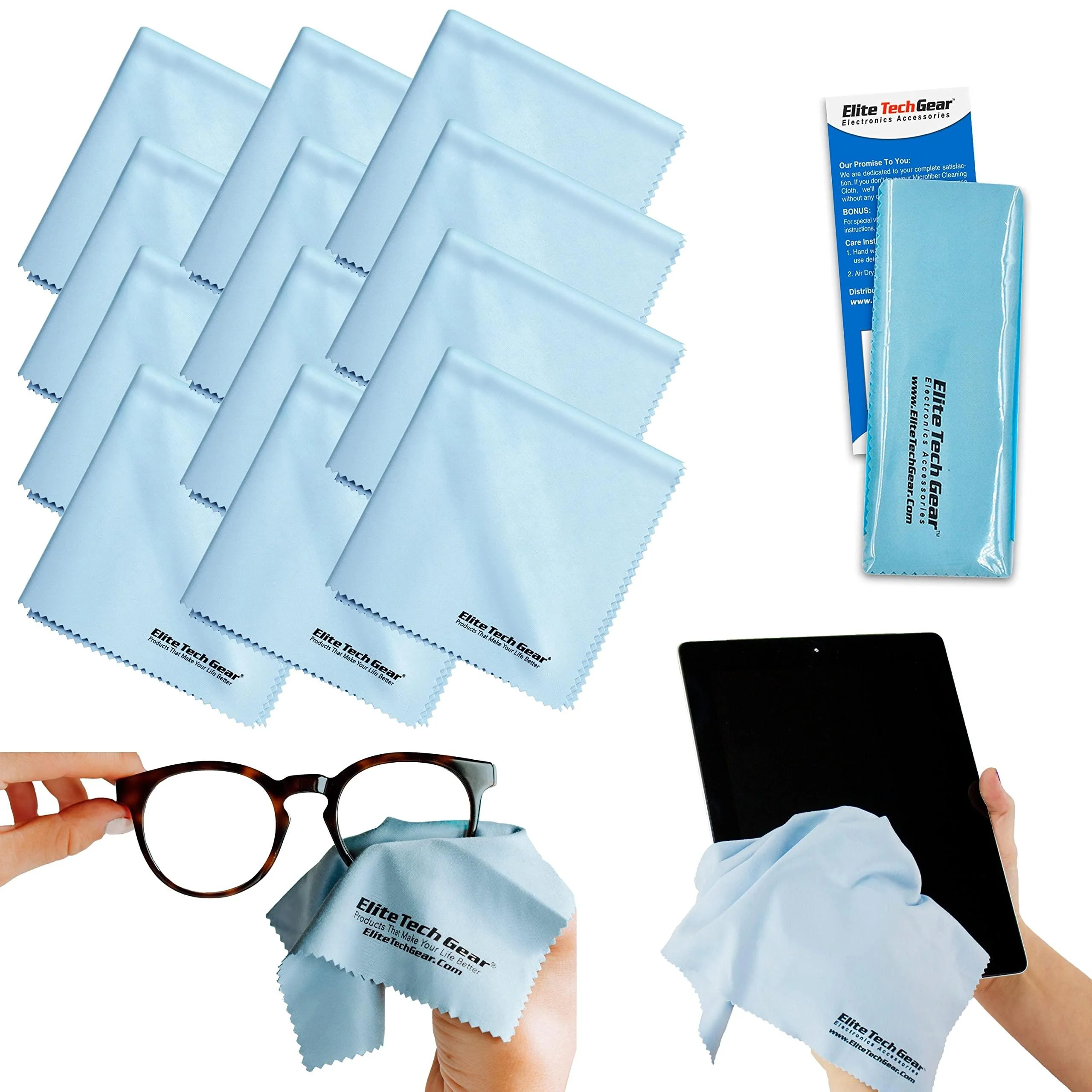 Elite Tech Gear Microfiber Cloth - 12-Pack 12" x 12" Oversized cleaning cloths. Washable and Durable Microfiber Cleaning Cloth for Glasses Lenses Electronics and screens. High Tech Quality Material Light Blue 12-Pack "OVERSIZED"