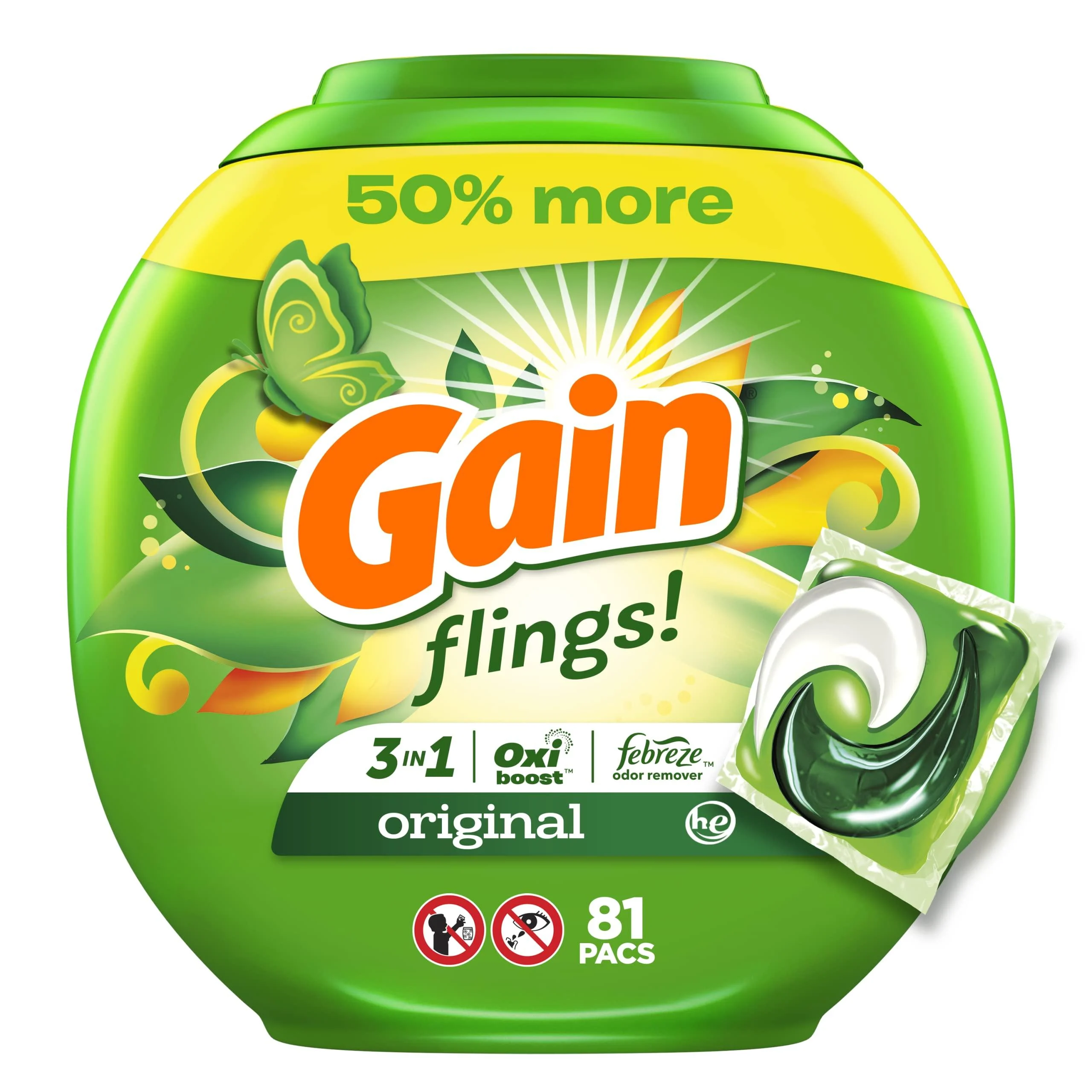 Gain Flings Laundry Detergent Soap Pods, High Efficiency (HE), Original Scent, 81 Count Laundry Detergent Flings, 81 count