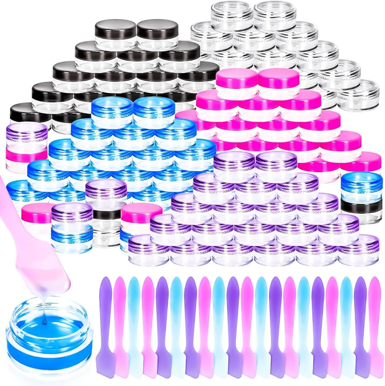 MotBach Empty Plastic Containers with Colored Lids Liquid Sample Powder Creams Lotions - 0.17 Oz - Pack Of 100