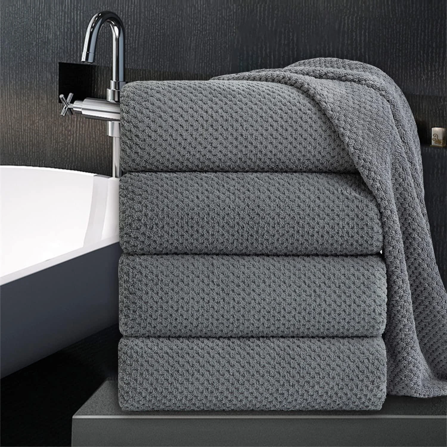 Bathroom Towel Set Dark Gray 4Pack-35x70 Towel,600GSM Ultra Soft Microfibers Bath Towel Set Large Plush Bath Sheet Towel,Highly Absorbent Quick Dry Oversized Towels Spa Hotel Luxury Shower Towels Texture Dark Gray 4 Piece Bath Towel Set