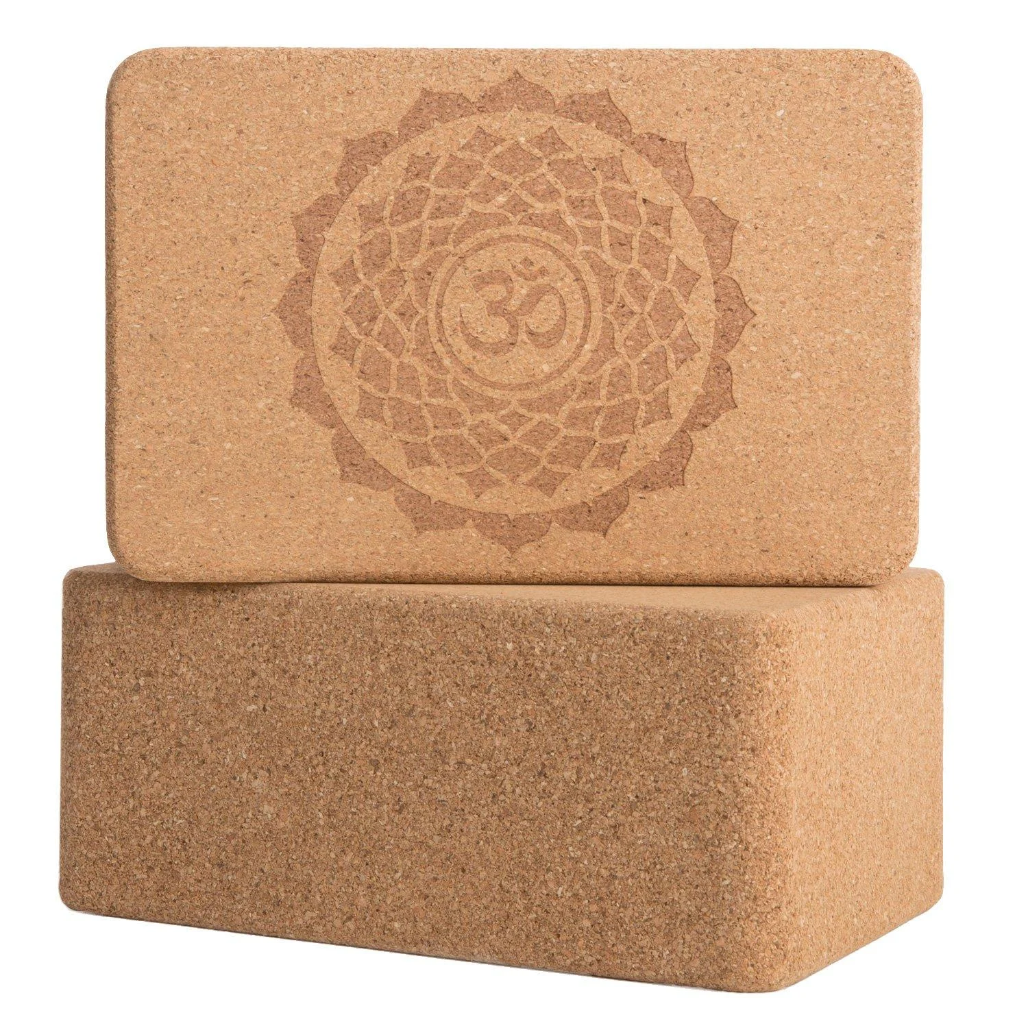 Cork Wood Yoga Blocks with Premium Designs, 2 Pack 9" x 6" x 4" Lotus - Peace Yoga