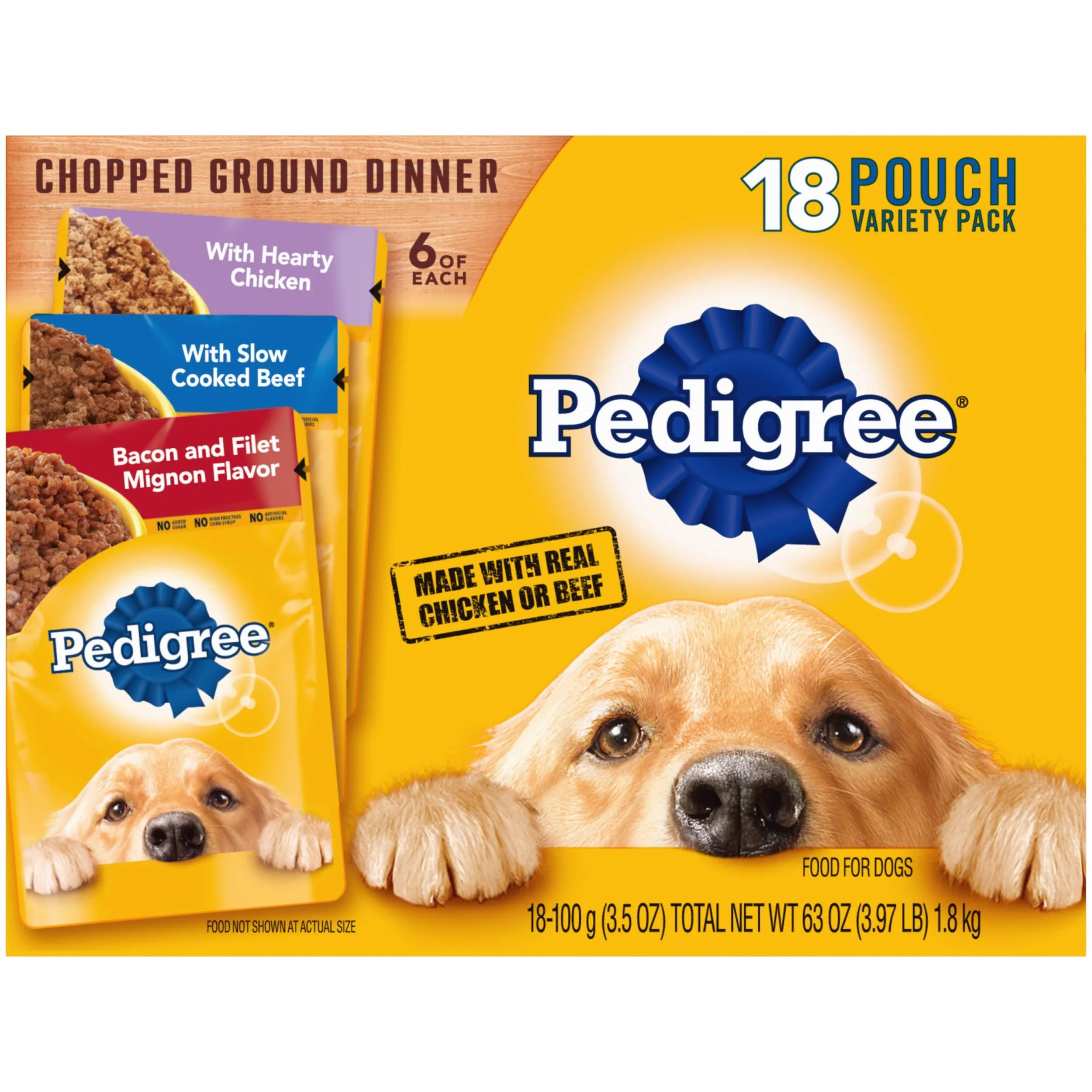 PEDIGREE Chopped Ground Dinner Adult Wet Dog Food, 3.5 oz. Pouches Variety: Chicken, Beef, Filet Mignon 3.5 Ounce (Pack of 18)