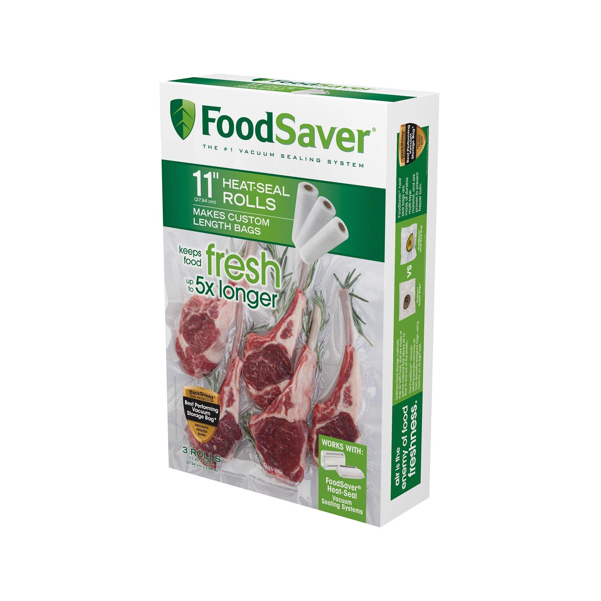 FoodSaver Vacuum Sealer Bags, Rolls for Custom Fit Airtight Food Storage and Sous Vide, 11" x 16' (Pack of 3) frustration_free Roll