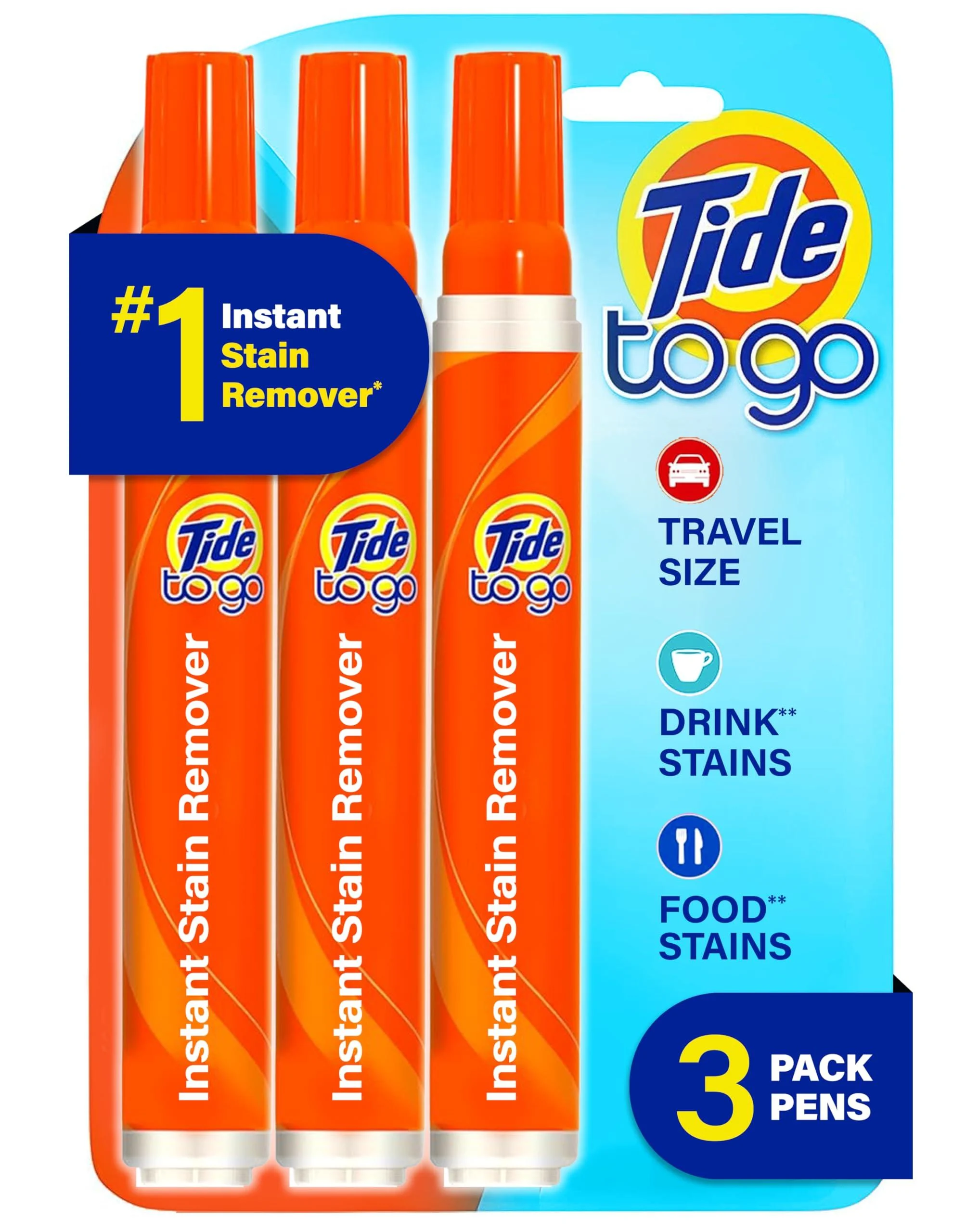 Tide Pen Stain Remover for Clothes Tide To Go Pen Instant Stain Remover Pen & Spot Cleaner Portable & Travel-Friendly Works on Food & Drink Stains Fits in Purses & Bags 3 Count (Pack of 1)