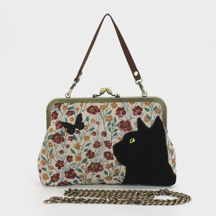 Floral Black Cat Kisslock Bag - COMECO INC.