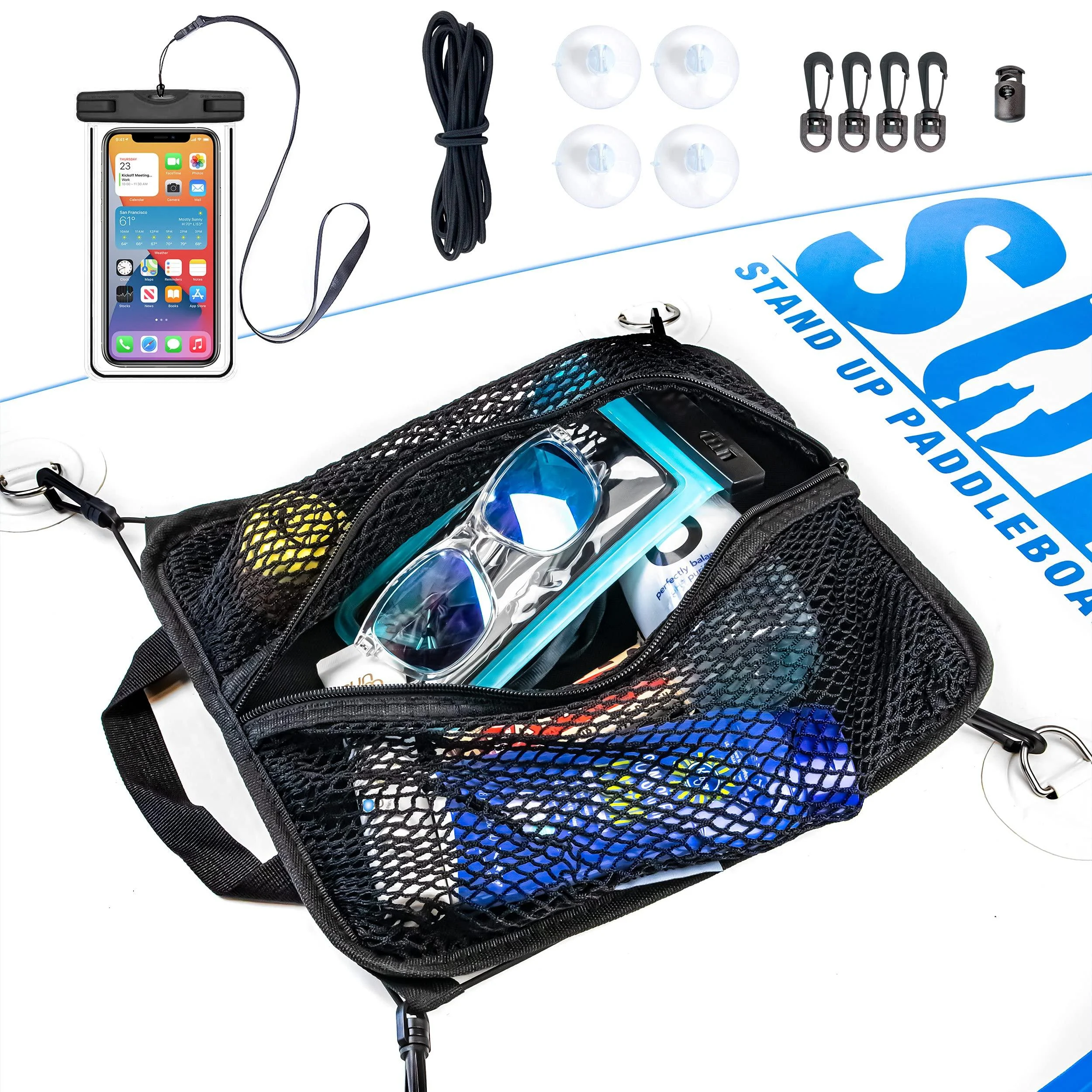 SUP-NOW Paddleboard Deck Bag with Waterproof Phone Case Black Trim w/ Bungee & 4 Clips