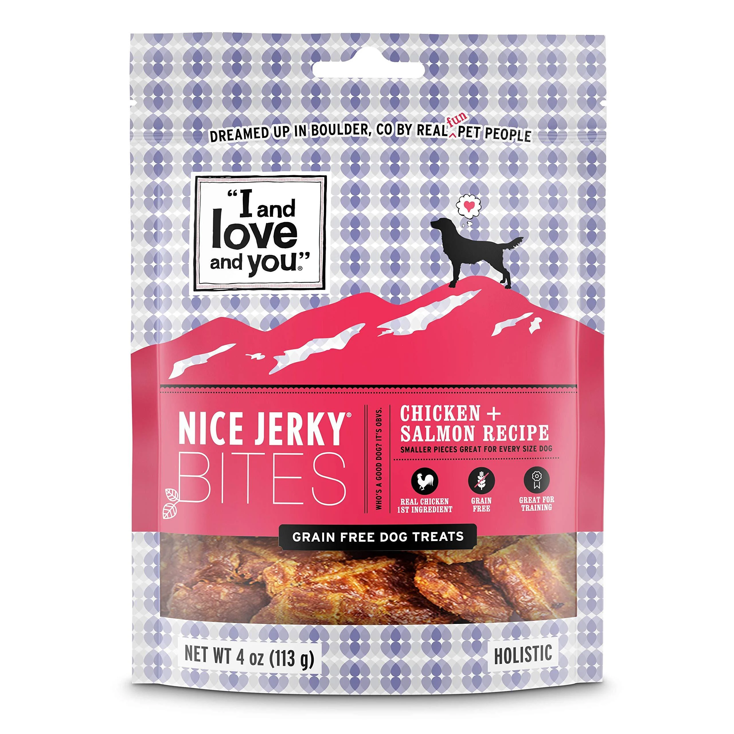 "I and love and you" Nice Jerky Bites - Soft Grain Free Dog Treats for Large and Small Dogs, Puppies and Adults, Great for Training (Variety of Flavors) Salmon + Chicken 4 Ounce (Pack of 1)