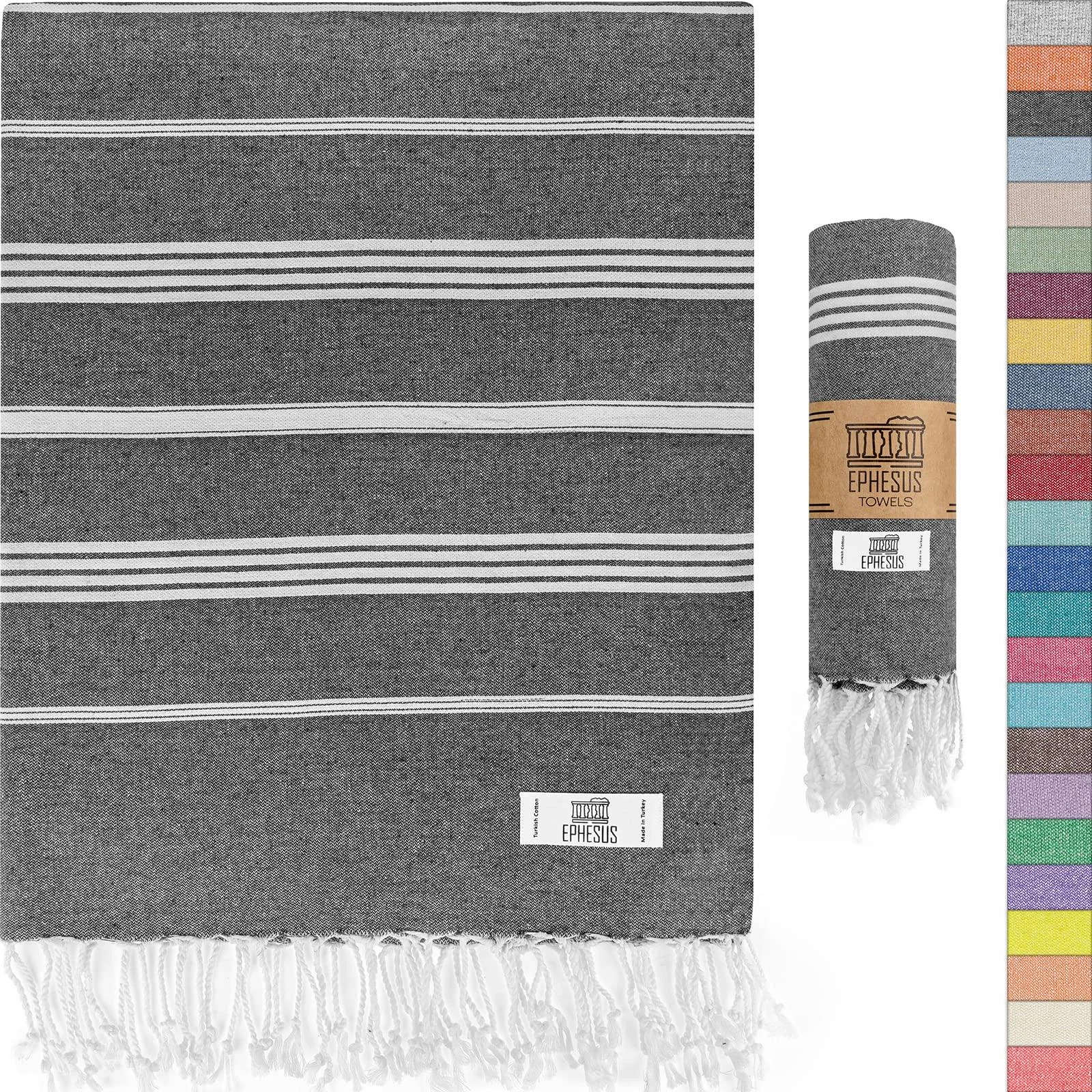 EPHESUS TOWELS Turkish Beach Towel - Turkish Cotton - 39x71 inch Oversized - Turkish Towel for Beach, Bath, Pool, Gym, Yoga - Prewashed, Lightweight, Quick Dry (Anthracite, New Sultan Pack 1) Anthracite New Sultan Pack 1