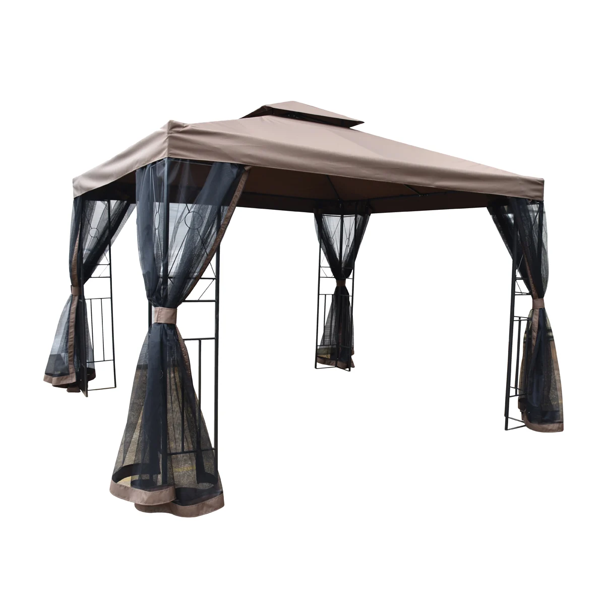 59661 Gazebo with Netting, 118 in W Exterior, 118 in D Exterior, 105.51 in H Exterior, Square, Brown - Seasonal Trends