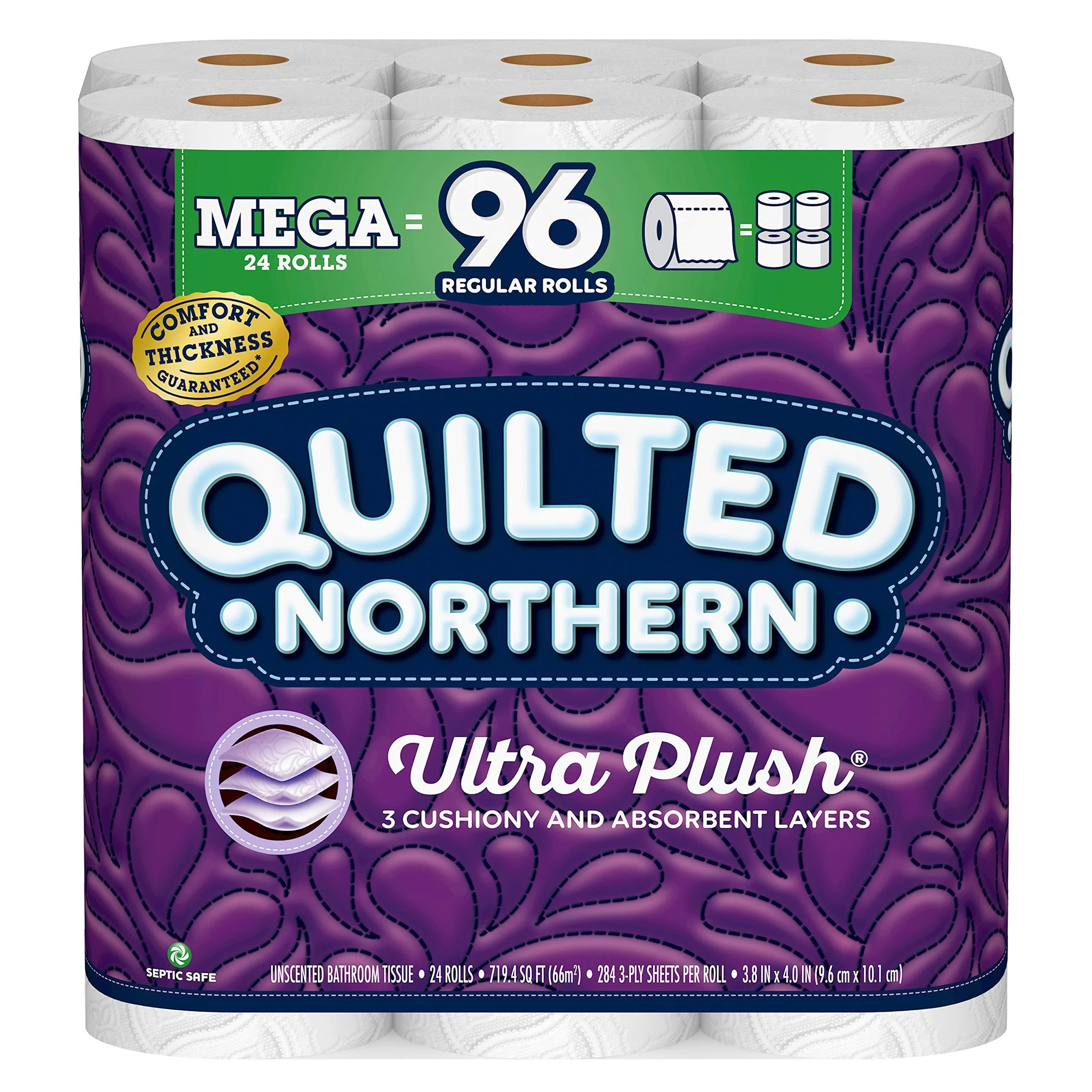 Quilted Northern Ultra PlushToilet Paper, 24 Mega Rolls 96 Regular Rolls, 3-Ply Bath Tissue 24 Count (Pack of 1)