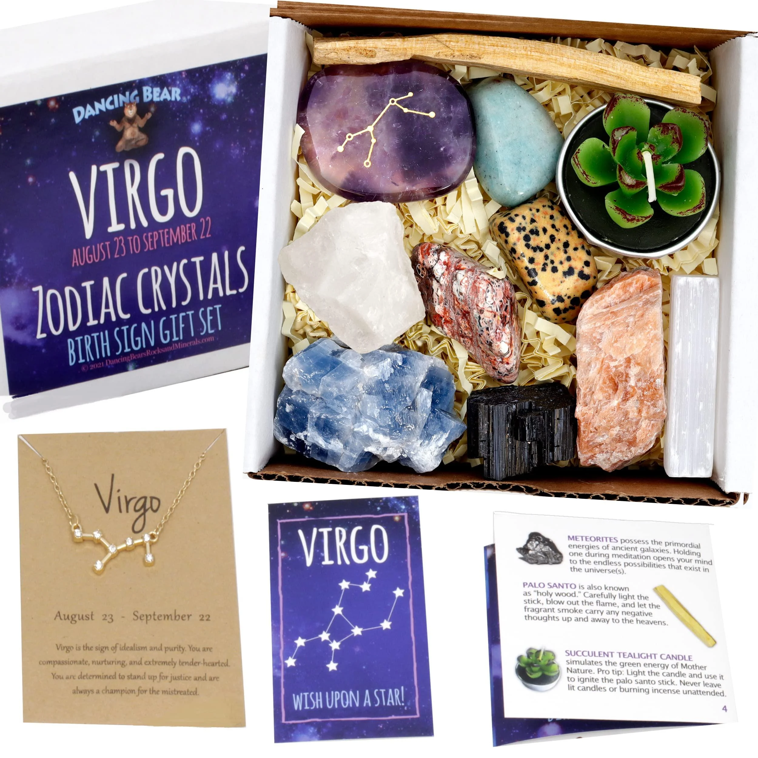 DANCING BEAR Virgo Zodiac Healing Crystals Gift Set (14 Pc): 9 Stones 18K Gold-Plated Constellation Necklace Meteorite Succulent Candle Palo Santo Smudge Stick & Info Guide Made in The USA