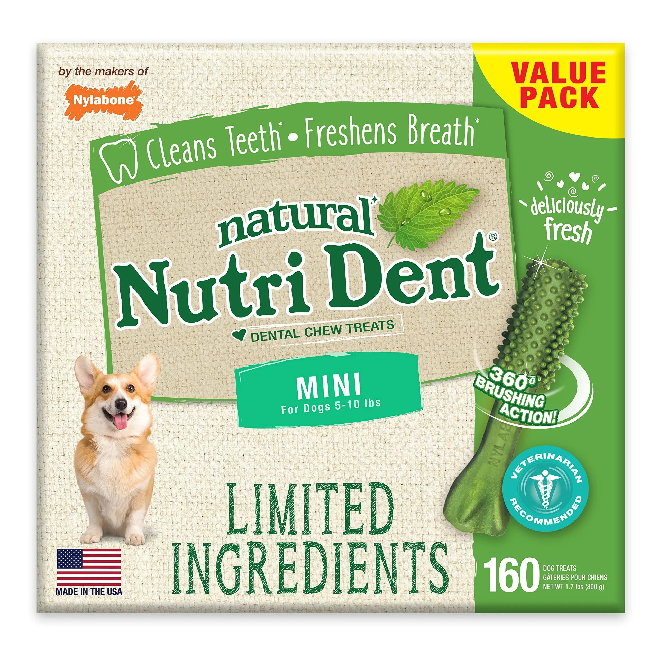 Nylabone Nutri Dent Natural Dental Fresh Breath Flavored Chew Treats Mini (160 Count)