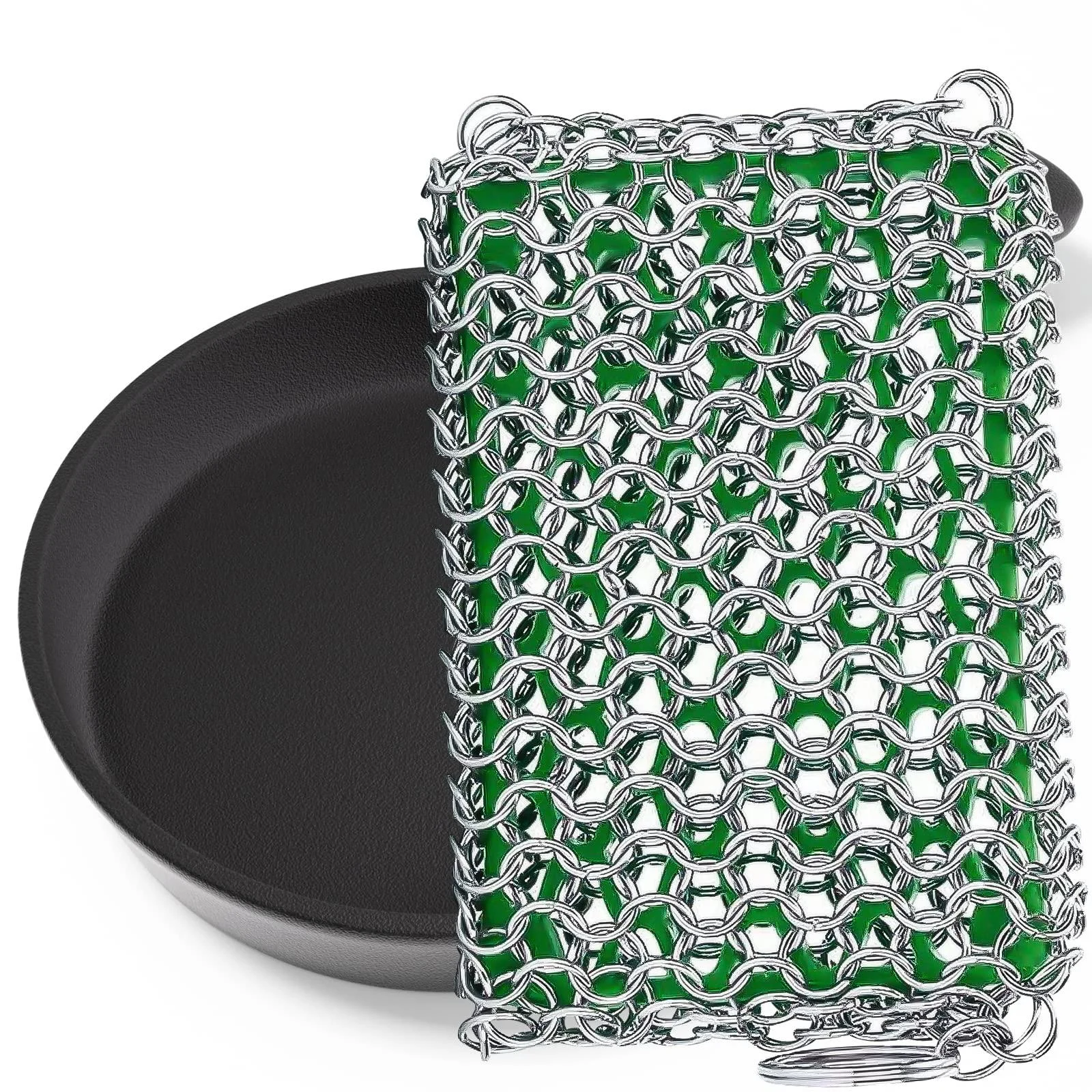 Cast Iron Cleaner, 316 Premium Stainless Steel Chainmail Scrubber Dish Scouring Pad Silicone Insert for Cast Iron Scrubber Green rectangle - MWJSLL
