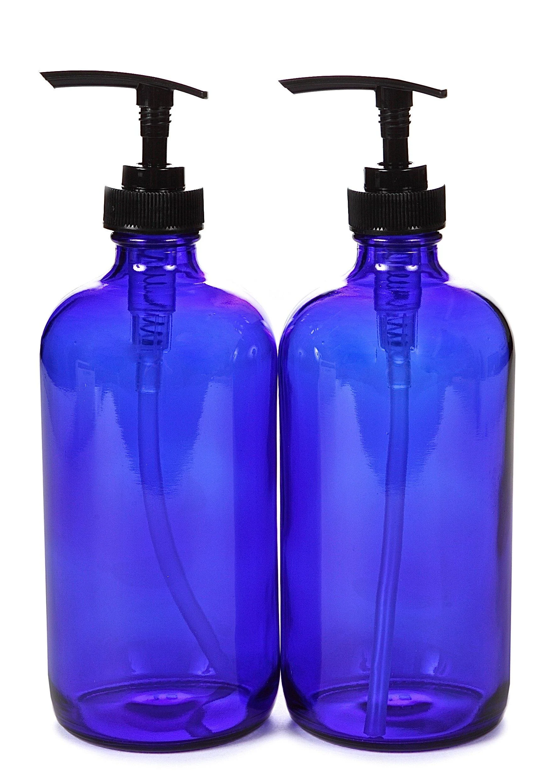 Vivaplex 2 Large 16 oz Empty Cobalt Blue Glass Bottles with Black Lotion Pumps