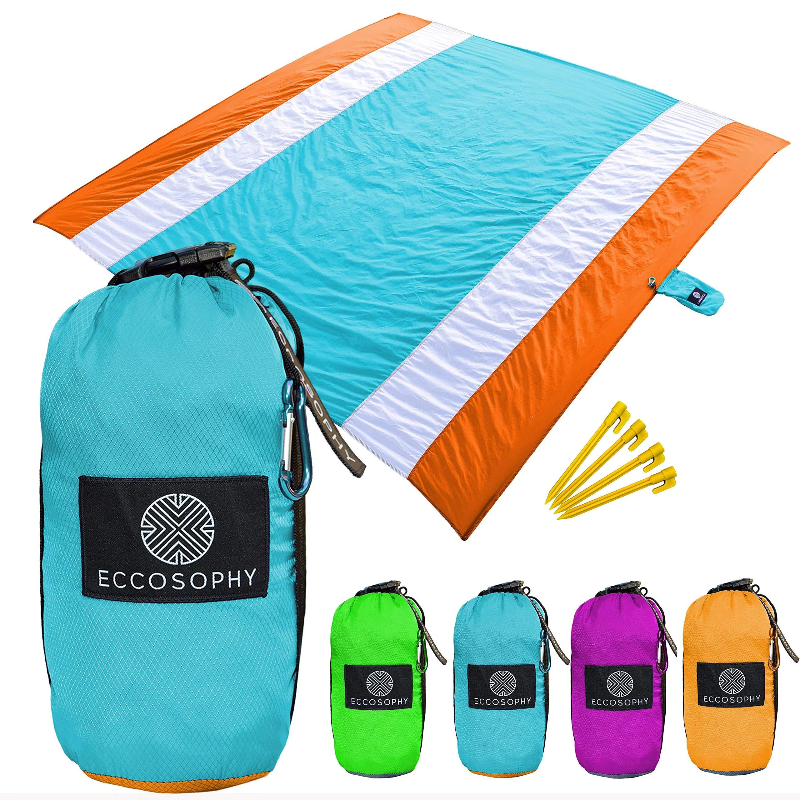 ECCOSOPHY Sandproof Beach Blanket - Oversized Sand Free Beach Mat 9'x10' - Lightweight Outdoor Mat - Double Anchored with 4 Corner Sand Pockets & Plastic Stakes - Heat Proof, Quick Drying & Compact Blue