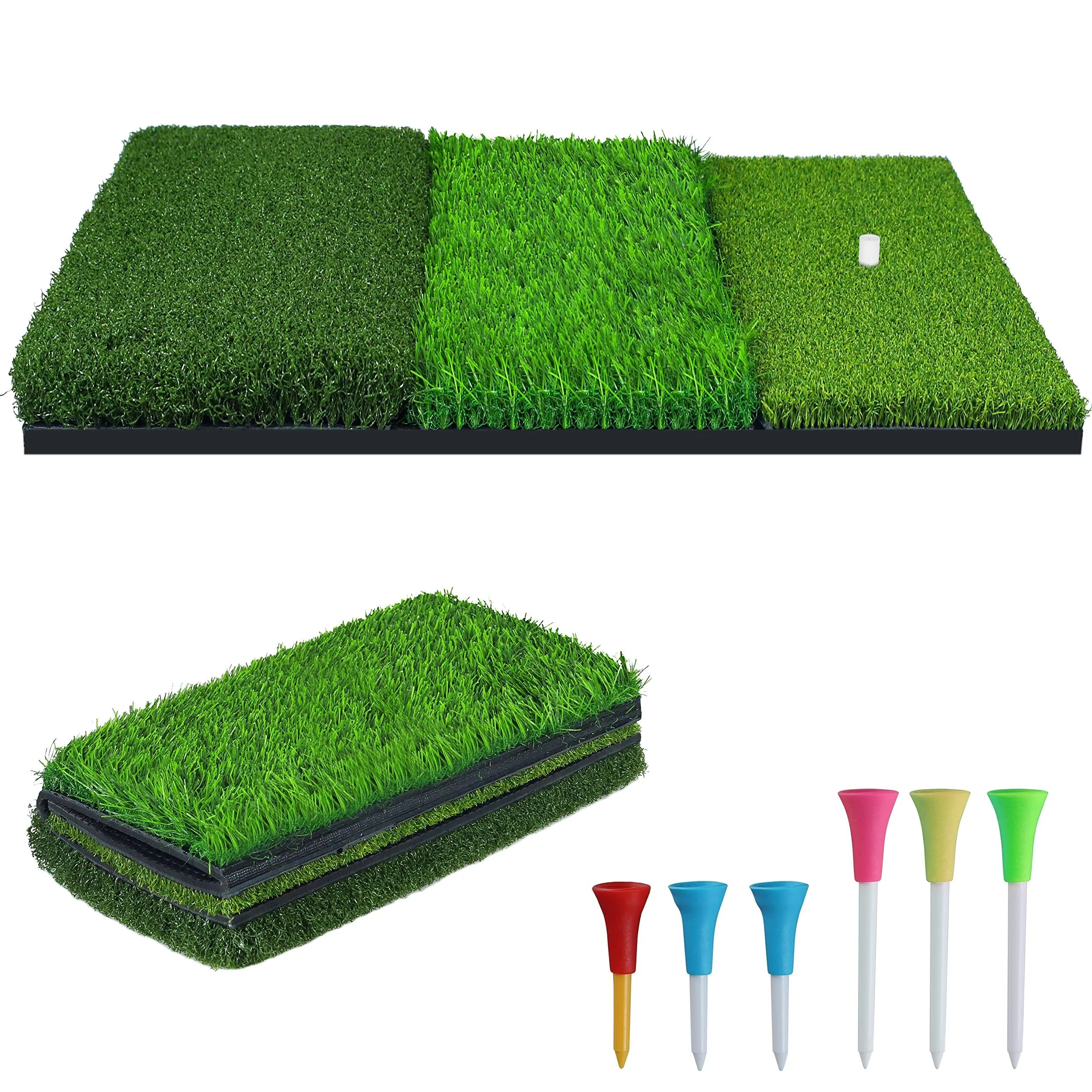 NEWCARE Golf Hitting Mat,3-in-1 Foldable Grass Mat- Practice Tri-Turf Chipping Swing Detection Aid Batting Mat Golf mat for Backyard,Portable Hitting Surfaces for Driving and Putting Golf Training Basic Tri-Turf Practice Training Mat
