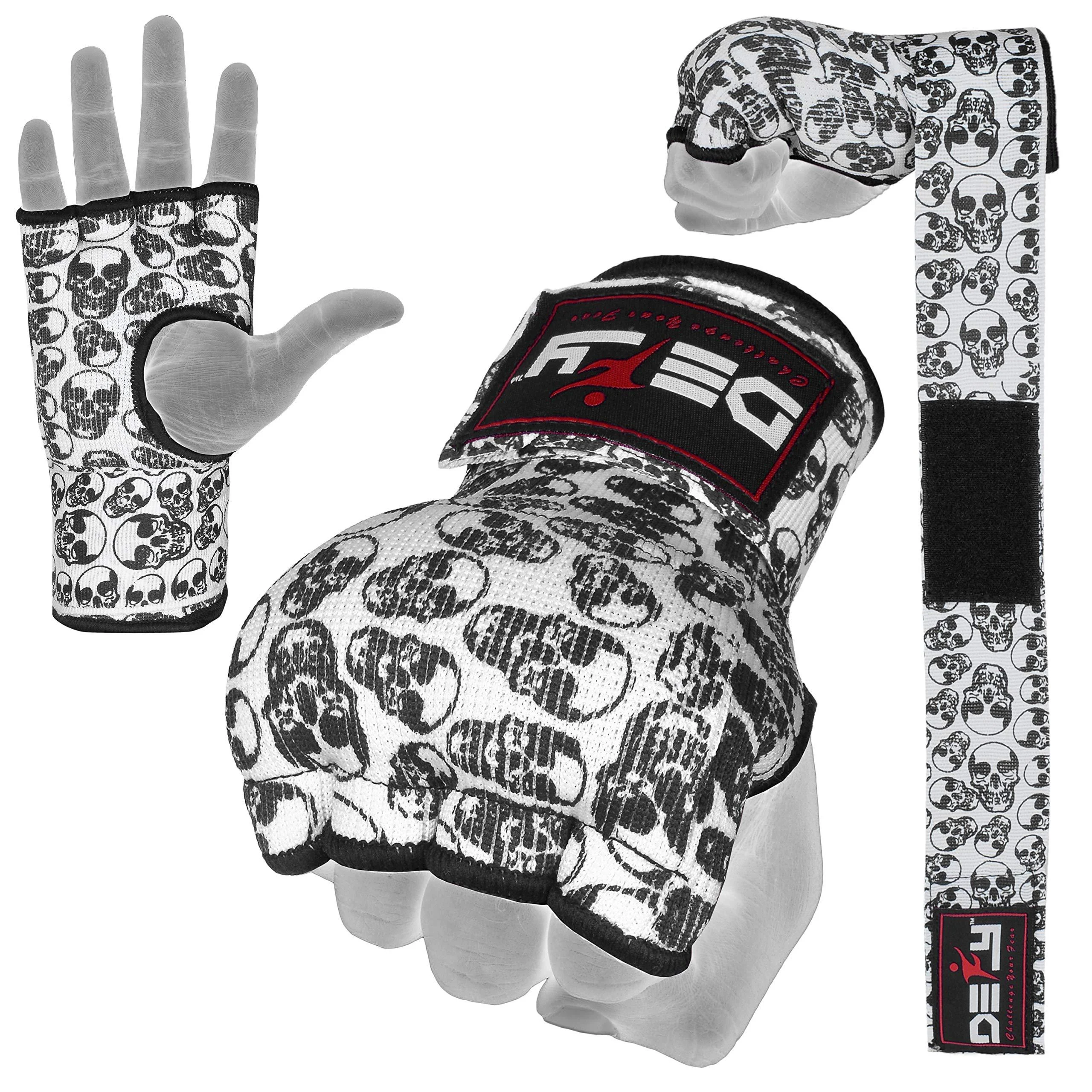 Defy Gel Padded Inner Gloves with Hand Wraps - MMA Muay Thai Boxing Fight Pair Skulls X-Large