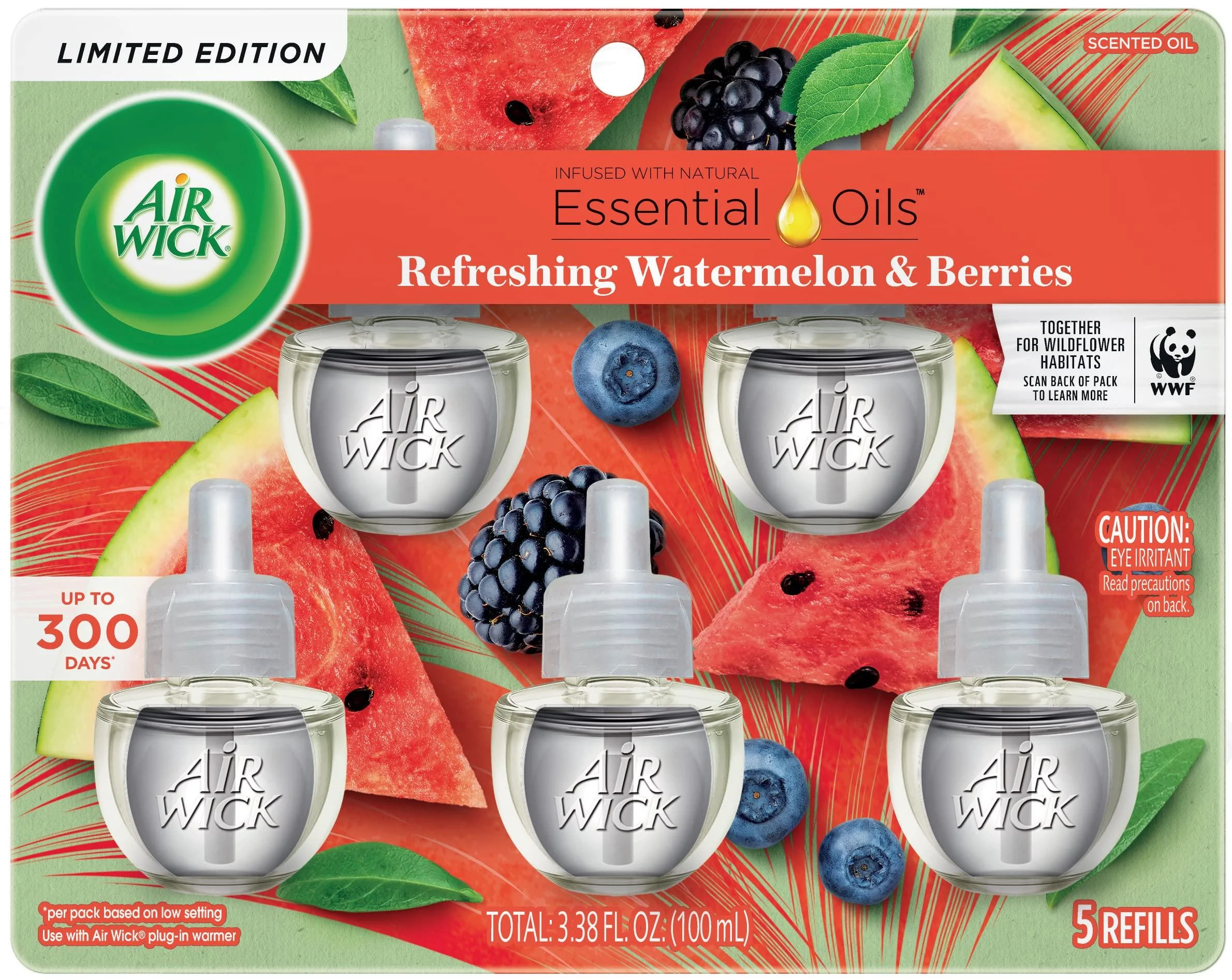 Air Wick Plug in Scented Oil Refill, 5 ct, Fresh Watermelon & Berries, Air Freshener, Essential Oils, Spring Collection Fresh Watermelon & Berries 5 Count (Pack of 1)