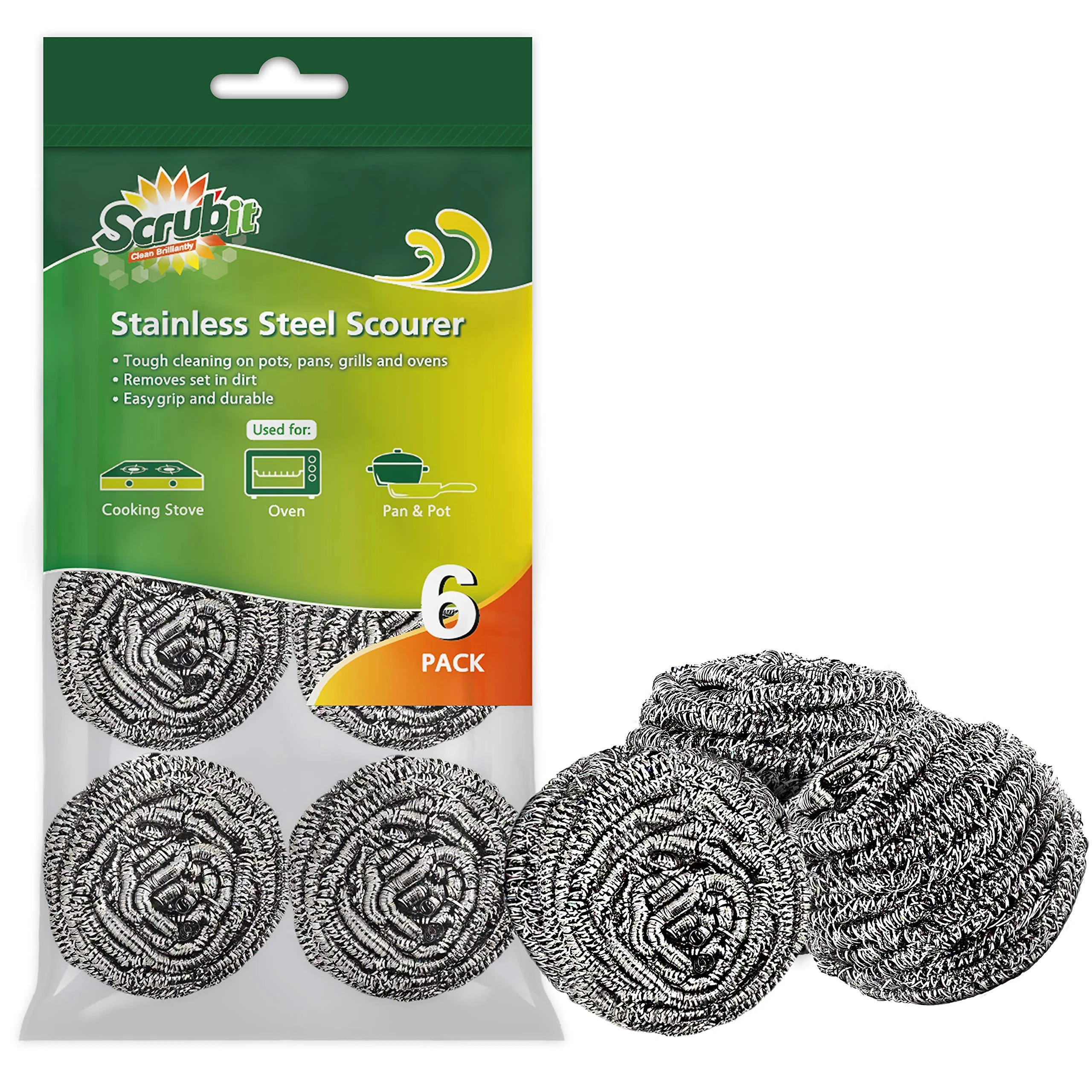 SCRUBIT 6 Pack Stainless Steel Scourers Steel Wool Scrubber Pad Used for Dishes, Pots, Pans, and Ovens. Easy scouring for Tough Kitchen Cleaning.