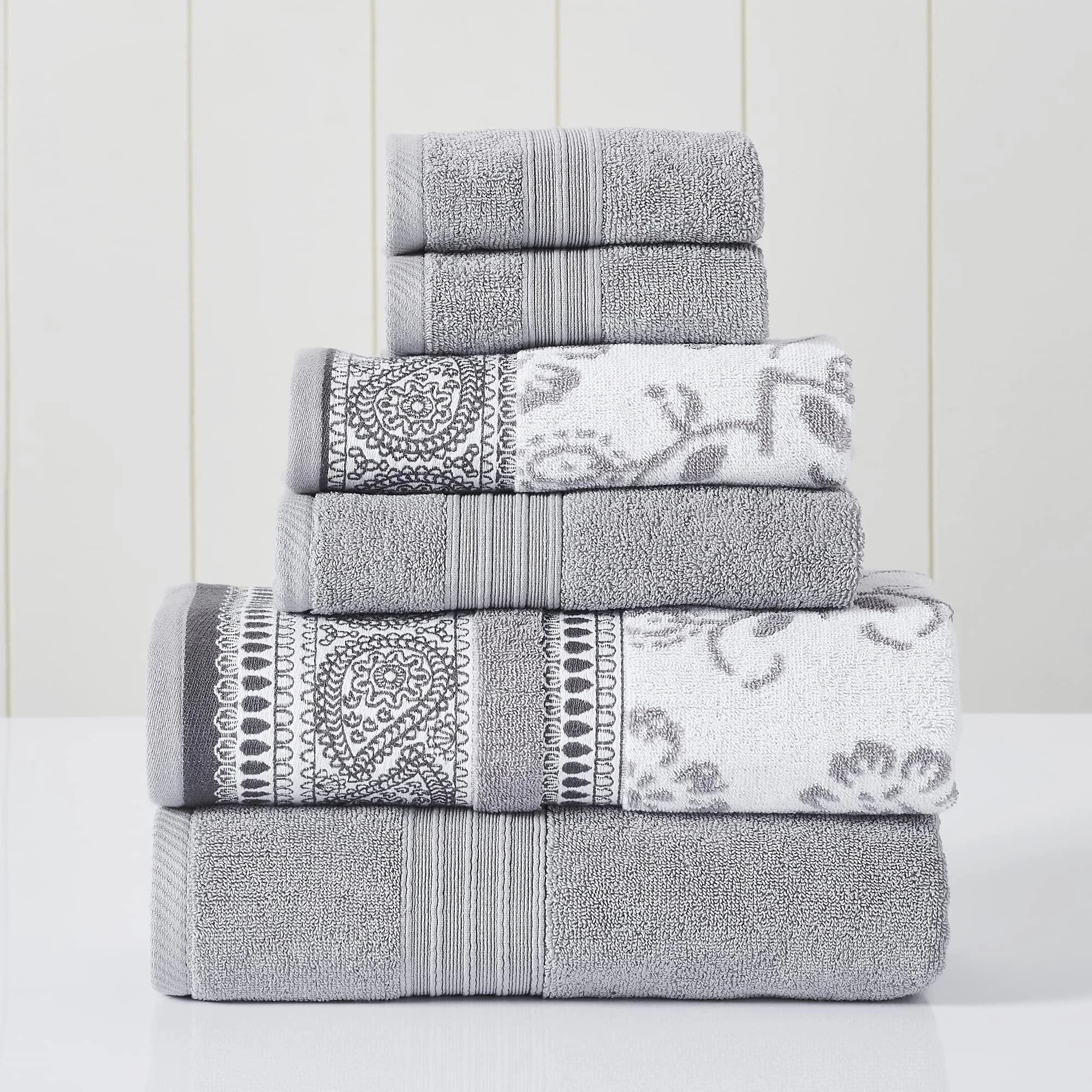 Modern Threads 6 Piece Set, 2 Bath Towels, 2 Hand Towels, 2 Washcloths Yarn Dyed Jacquard/Solid Towel Set Ophelia Stone Stone Standard