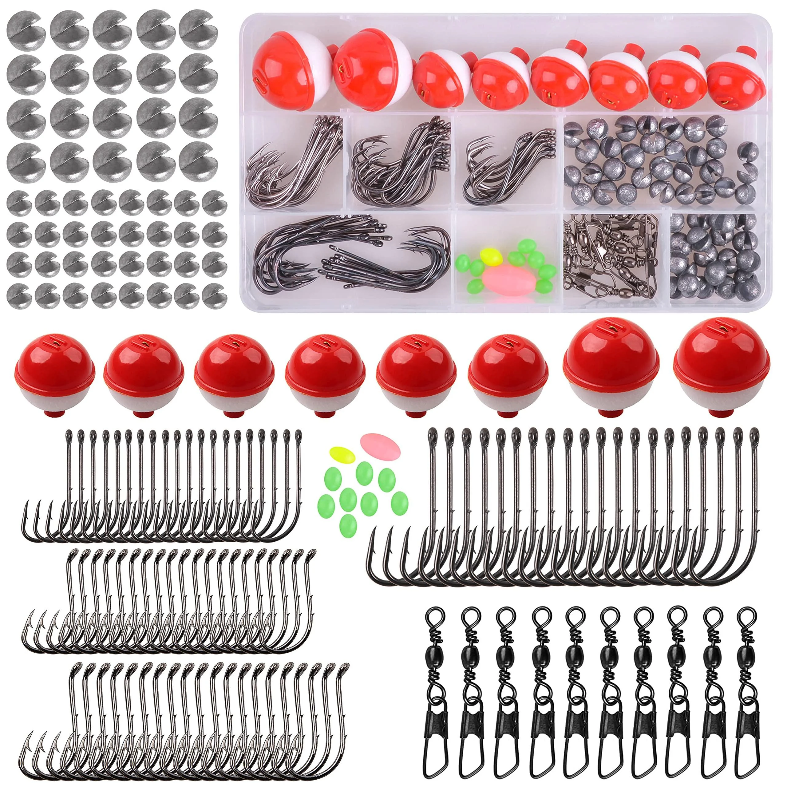 Fishing Bobbers Tackle Kit, 160pcs Basic Fishing Bobbers Hooks Assortment Included Octopus Circle Hooks, Baitholder Hooks, Bobbers, Sinker Weights, Terminal Tackle Box for Trout Catfish Panfish - Shaddock Fishing