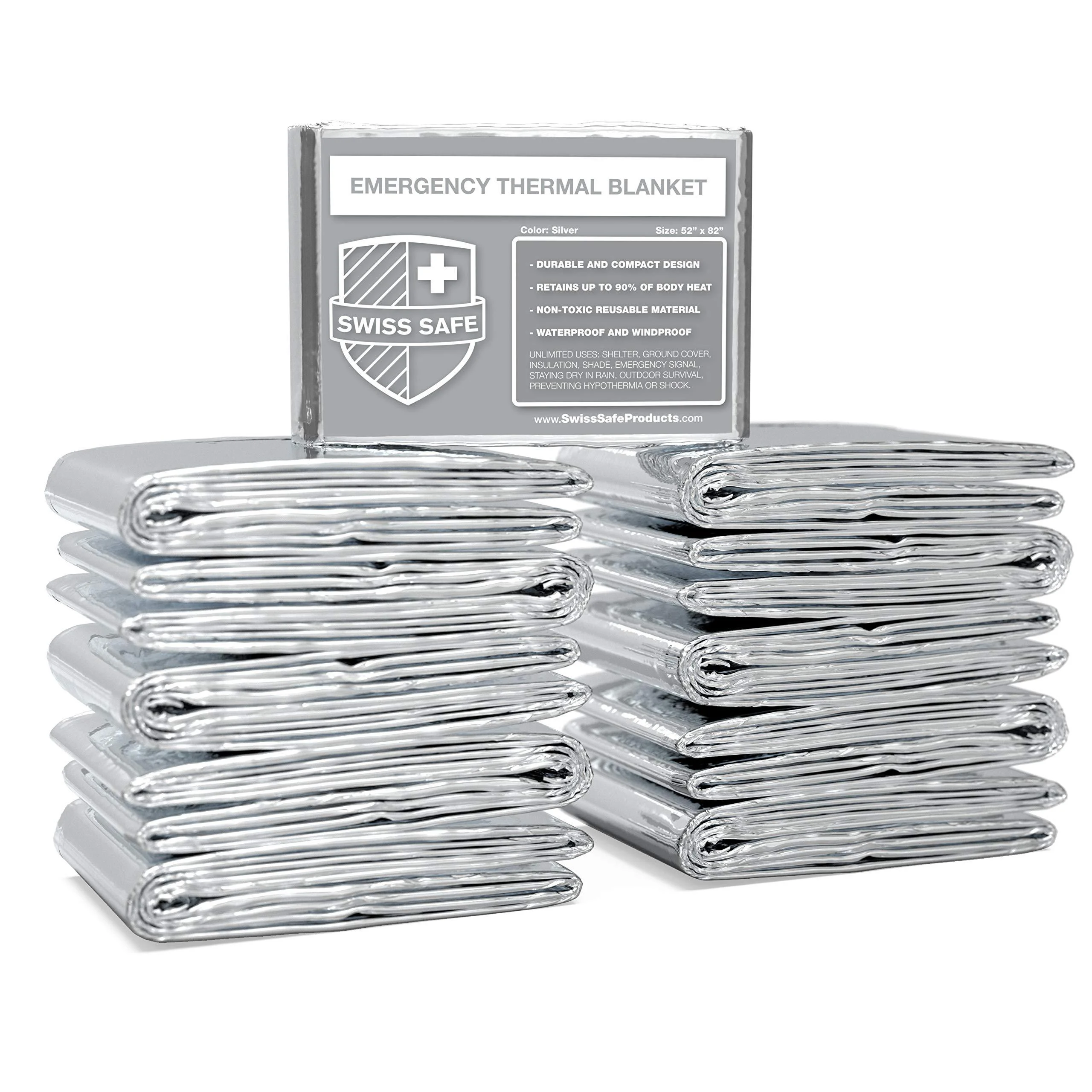 Swiss Safe Emergency Mylar Thermal Blankets, Designed for NASA, Outdoors, Survival, First Aid, Silver, 10 Pack 10pk