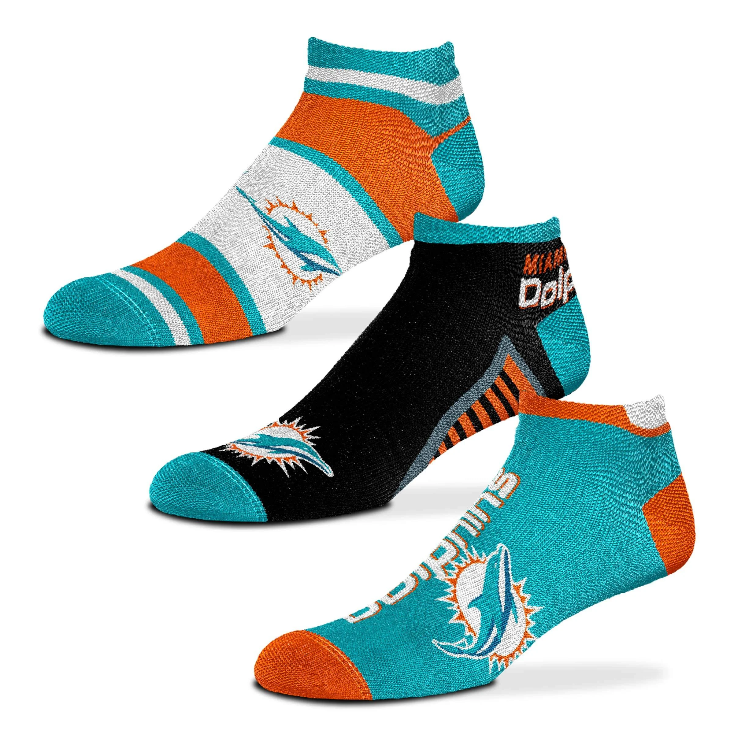 For Bare Feet - NFL Show Me The Money! - No Show Ankle Socks - 3 Pack 10-13 Miami Dolphins