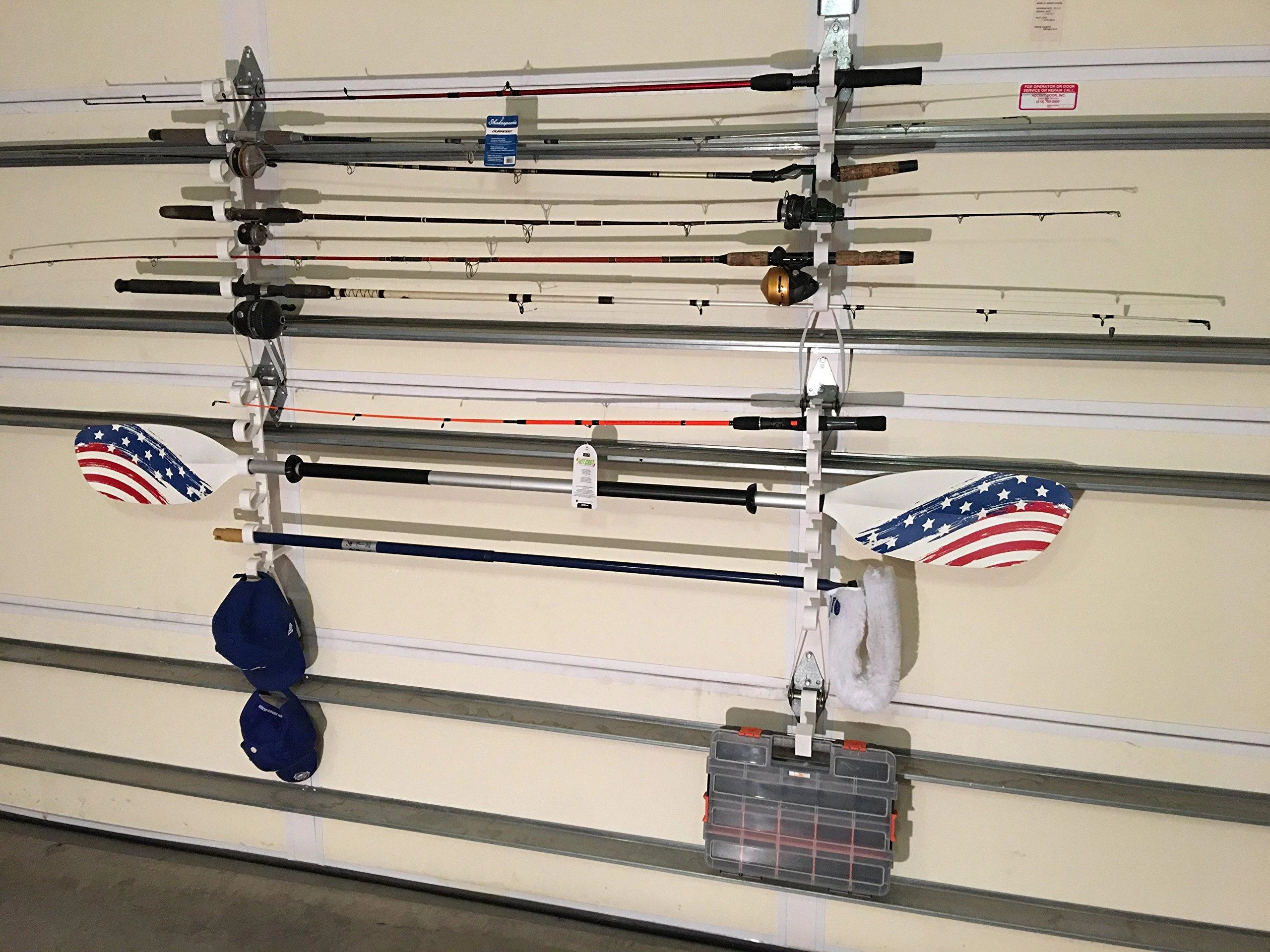 Garage Storage Rack for Garage Doors with Hooks for Fishing Rods, Kayak Paddles and Light Garden Tools - Fourth Wall Solutions