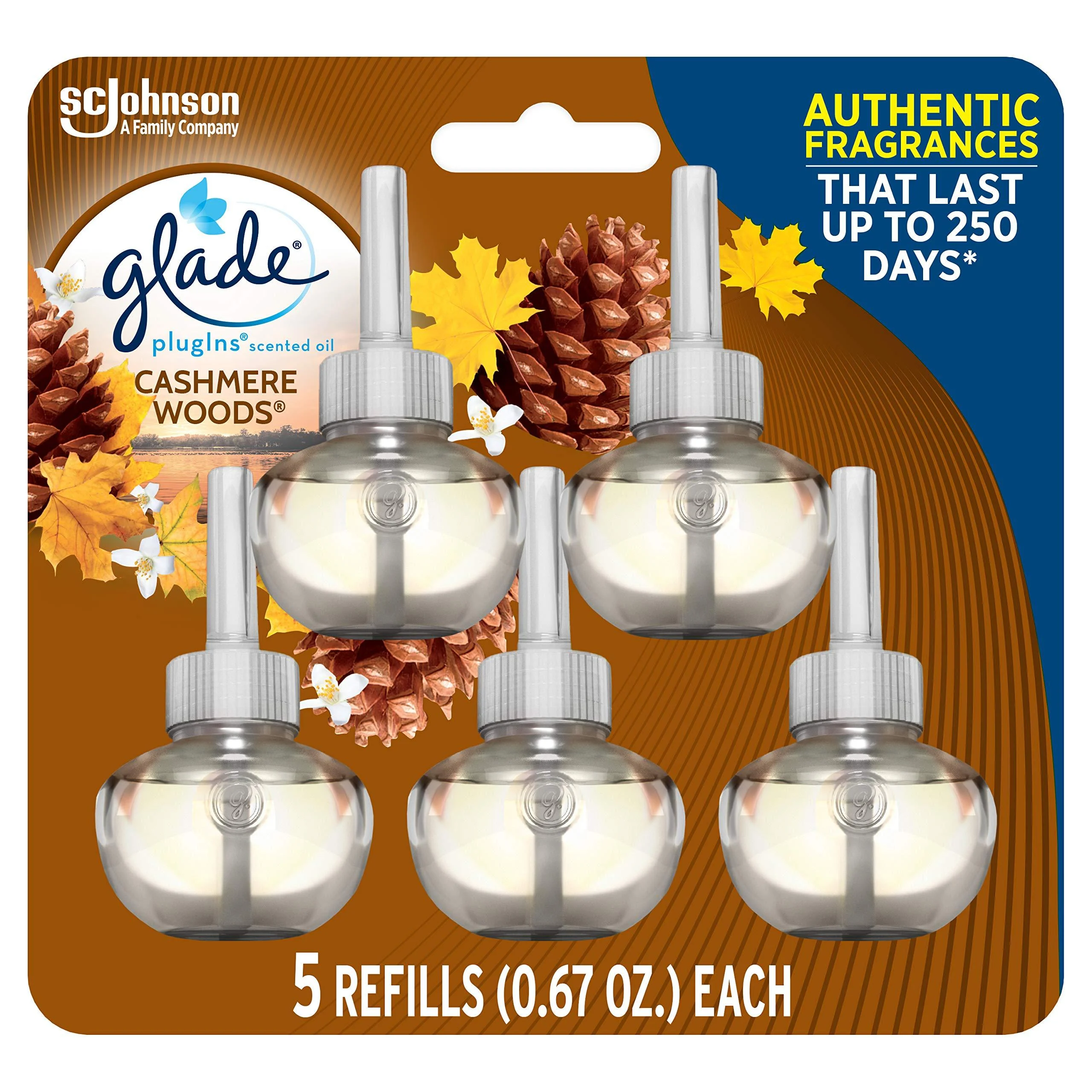 Glade PlugIns Refills Air Freshener, Scented and Essential Oils for Home and Bathroom, Cashmere Woods, 3.35 Fl Oz, 5 Count Cashmere Woods 0.67 Fl Oz (Pack of 5)