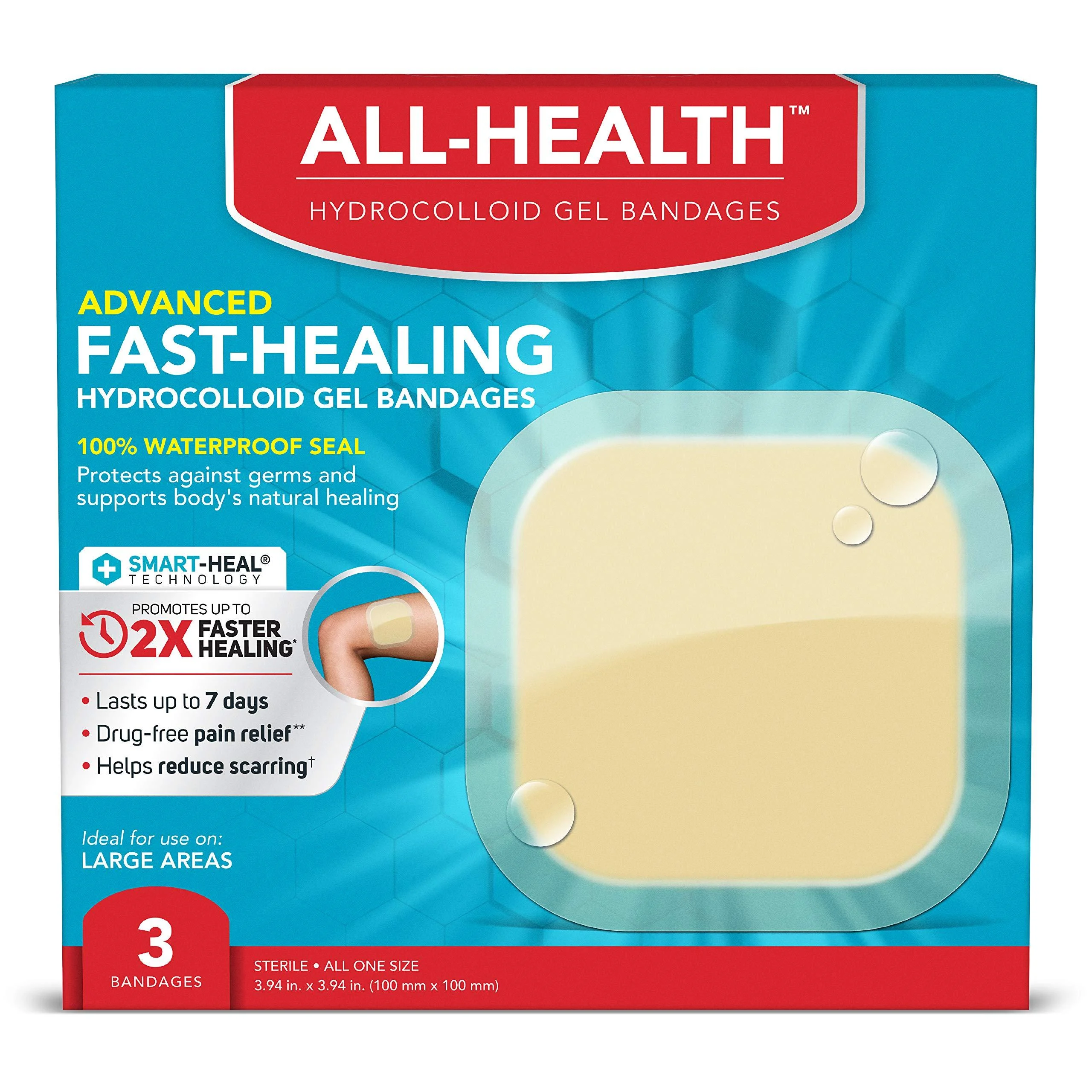 All Health Advanced Fast Healing Hydrocolloid Gel Bandages, Extra Large Wound Dressing, 3 ct | 2X Faster Healing for First Aid Blisters or Wound Care 3 Count (Pack of 1)