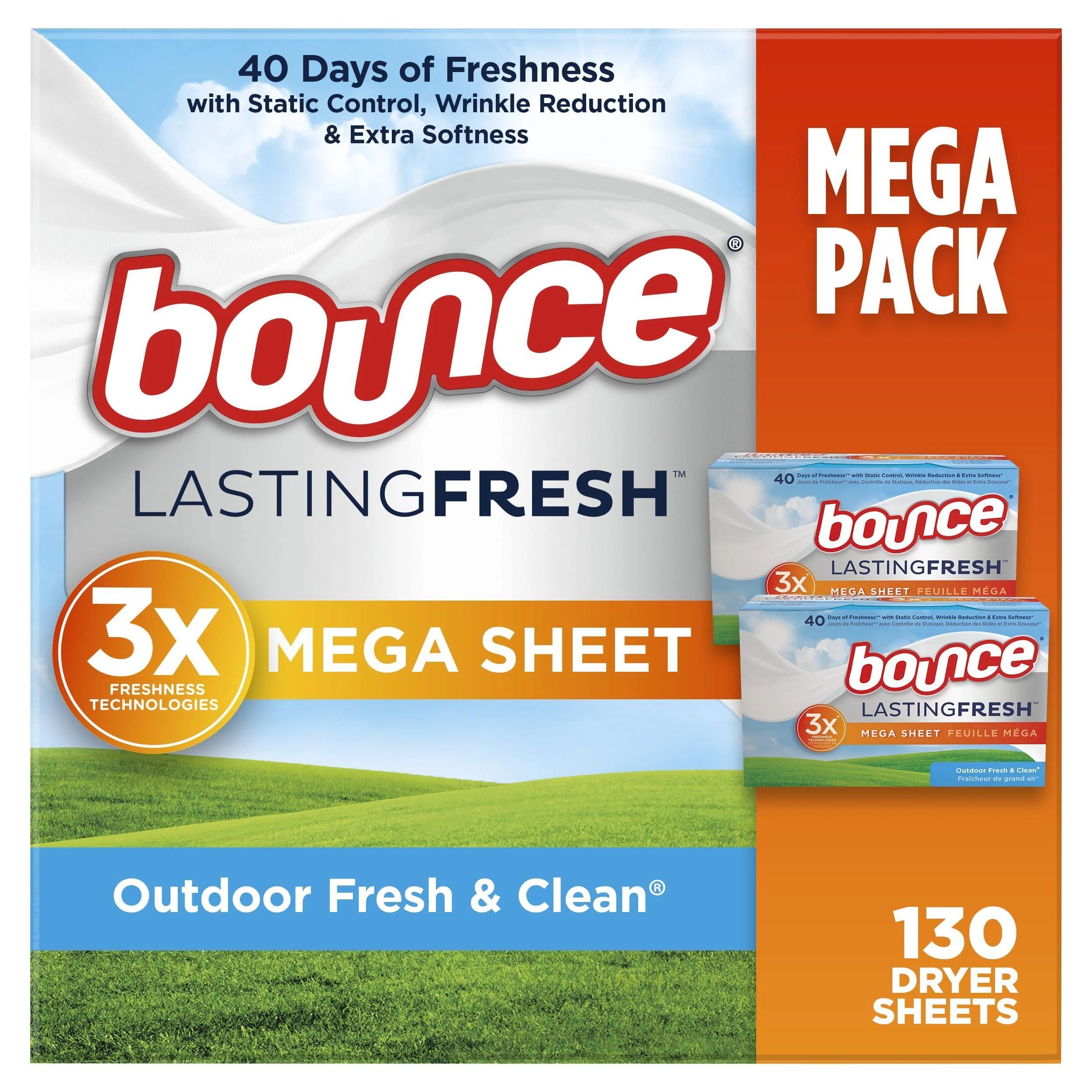 Bounce Lasting Fresh Mega Dryer Sheets 130 ct Outdoor Fresh & Clean Fabric Softener Sheets for Long Lasting Freshness Dryer Sheets(130 count)