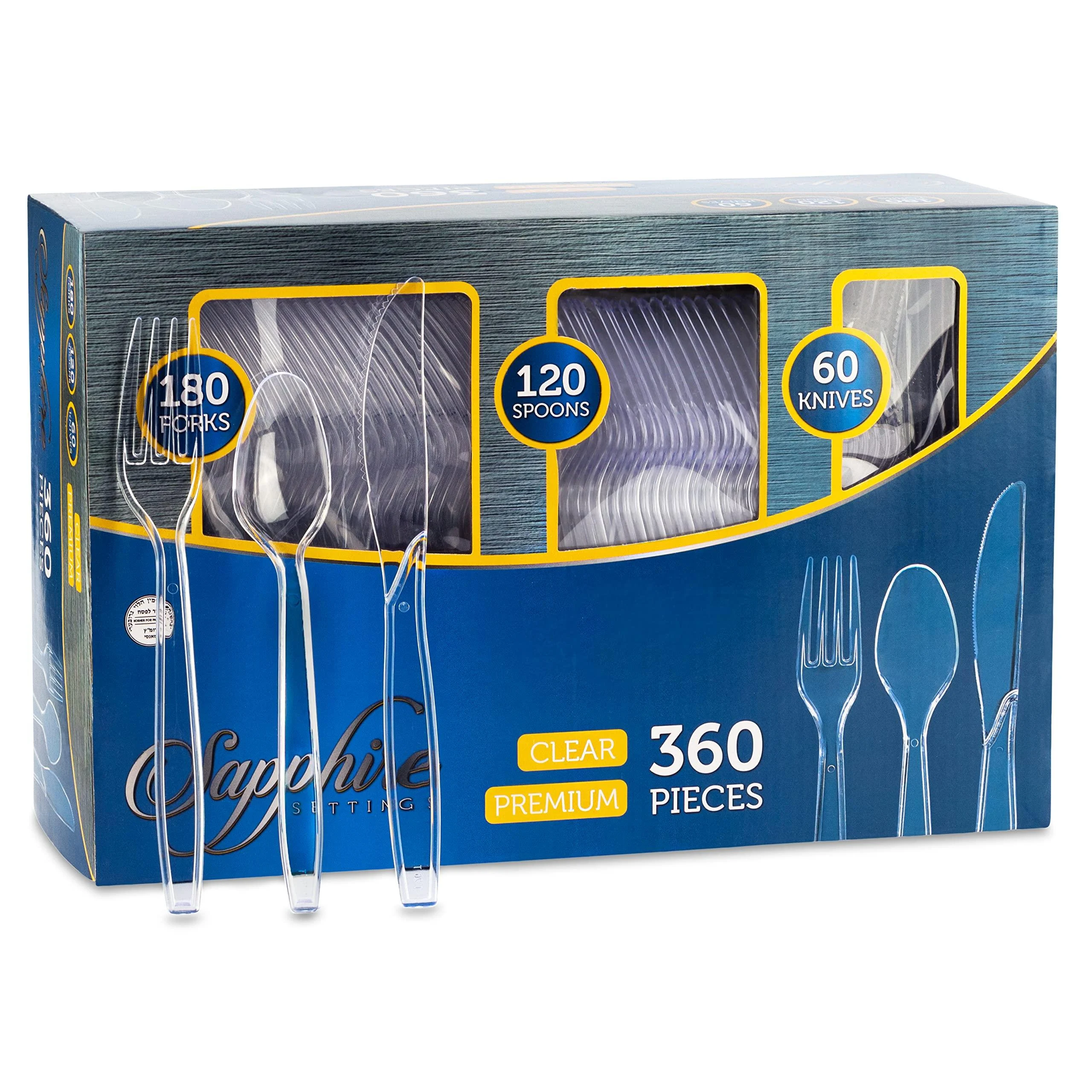 Party Bargains Disposable Cutlery set, SAPPHIRE Design, Clear Color, 360 Pieces: 180 Forks, 120 Spoons, 60 Knives A Sapphire 360 Pieces