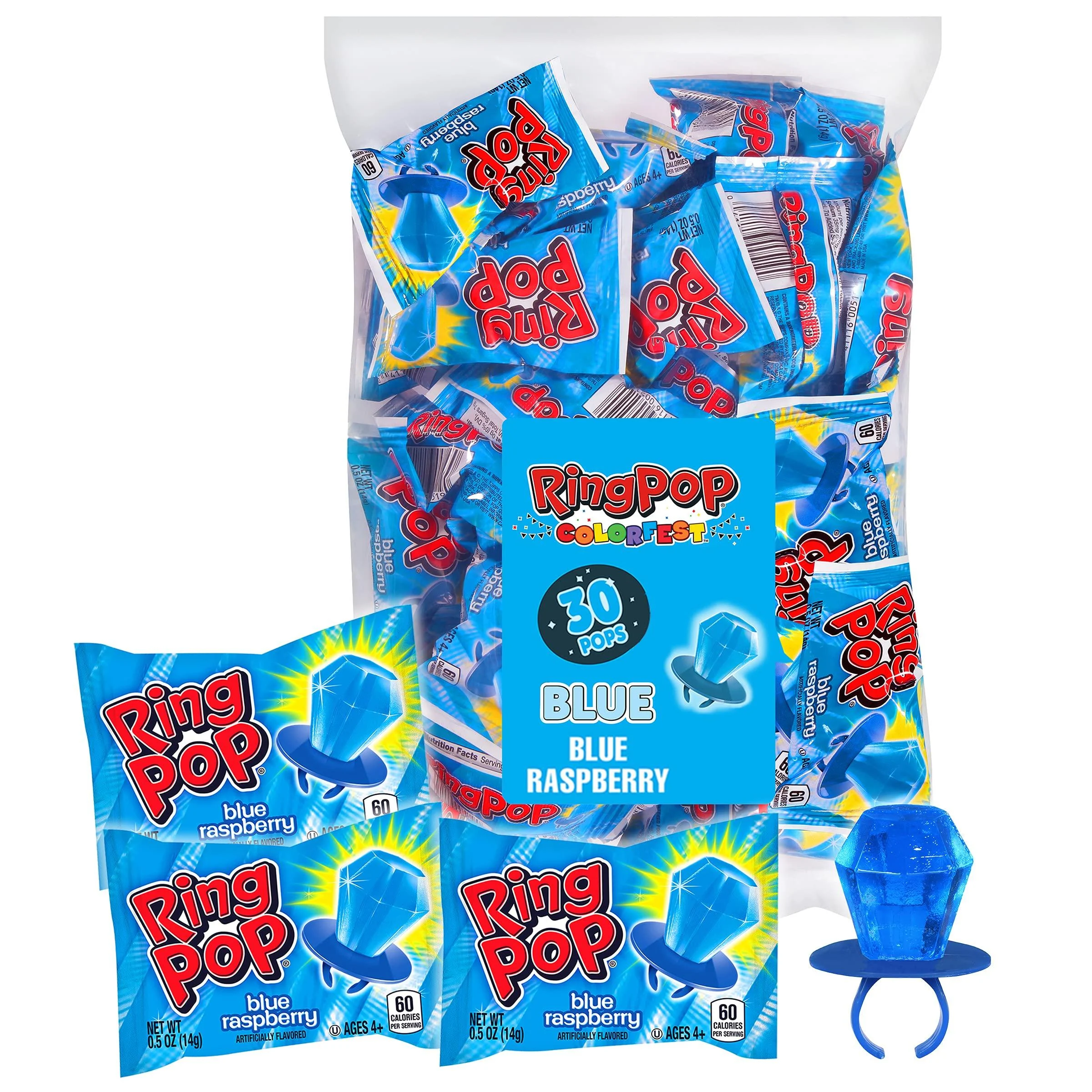 Ring Pop Individually Wrapped Halloween Blue Raspberry Party Pack 30 Count Blue Raspberry Flavored Candy Lollipop Suckers - Fun Blue Candy For Halloween Candy Bowls, Parties & Trick Or Treating Bags