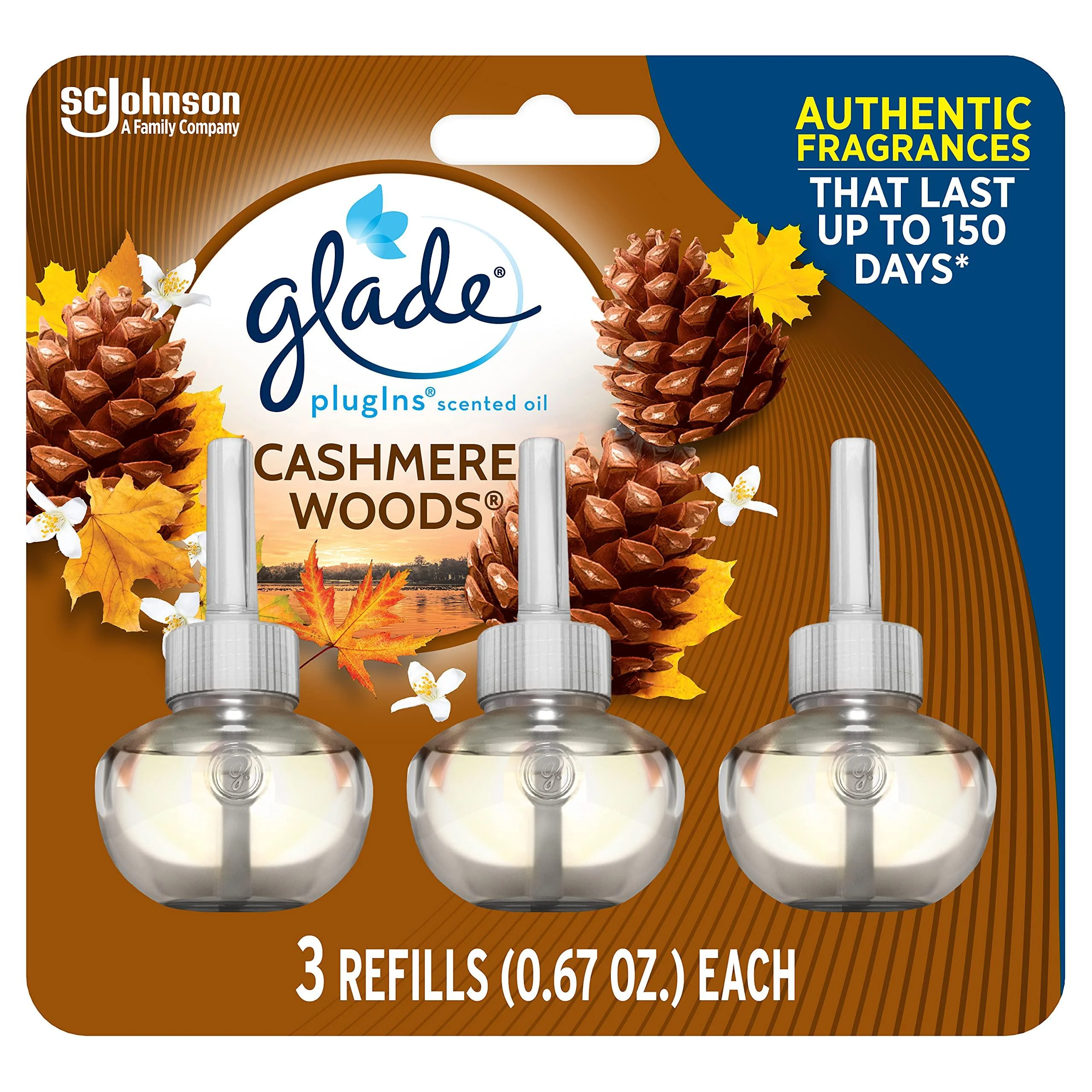 Glade PlugIns Refills Air Freshener, Scented and Essential Oils for Home and Bathroom, Cashmere Woods, 2.01 Fl Oz, 3 Count Cashmere Woods 0.67 Fl Oz (Pack of 3)
