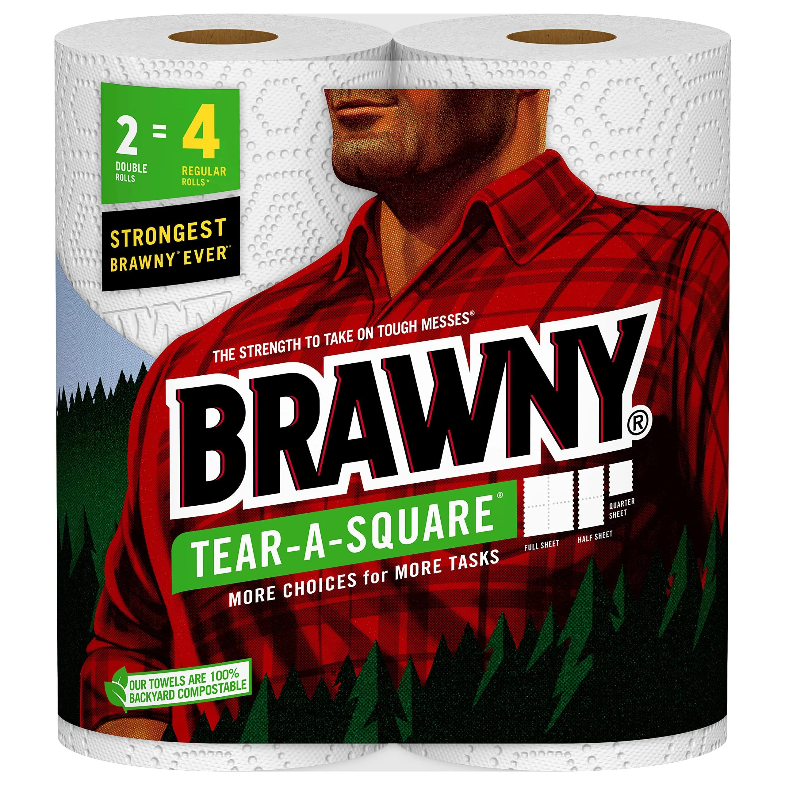Brawny Tear-A-Square Paper Towels, 2 Double Rolls 4 Regular Rolls