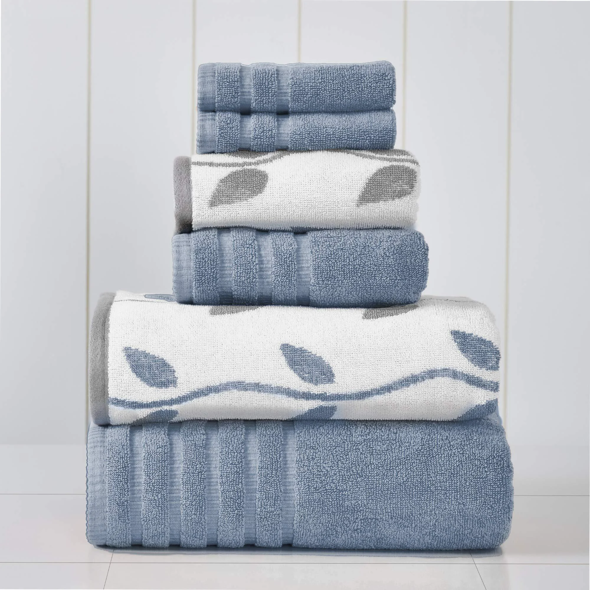 Amrapur Overseas 6-Piece Yarn Dyed Organic Vines Jacquard/Solid Ultra Soft 500GSM 100% Combed Cotton Towel Set Blue Blue Towel Set