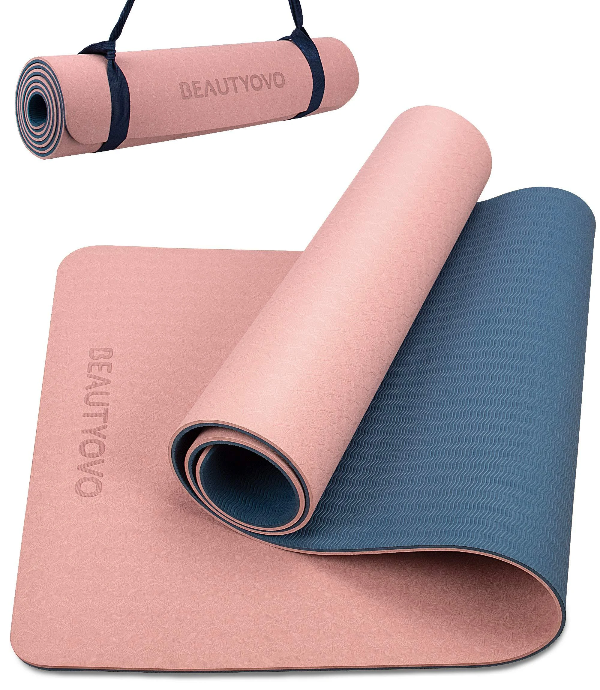 Yoga Mat with Strap, 1/3 Inch Extra Thick Yoga Mat Double-Sided Non Slip, Professional TPE Yoga Mats for Women Men, Workout Mat for Yoga, Pilates and Floor Exercises Cherry Pink & Navy Blue