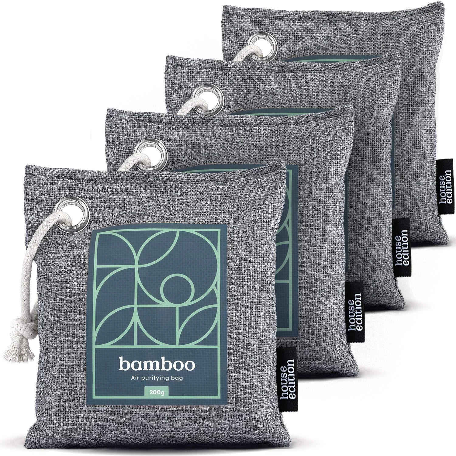 Bamboo Charcoal Air Purifying Bag 4-Pack Naturally Freshen Air with Powerful Activated Charcoal Bags Odor Absorber Kid and Pet-Friendly Air Fresheners for Home or Car by House Edition, 4x200g