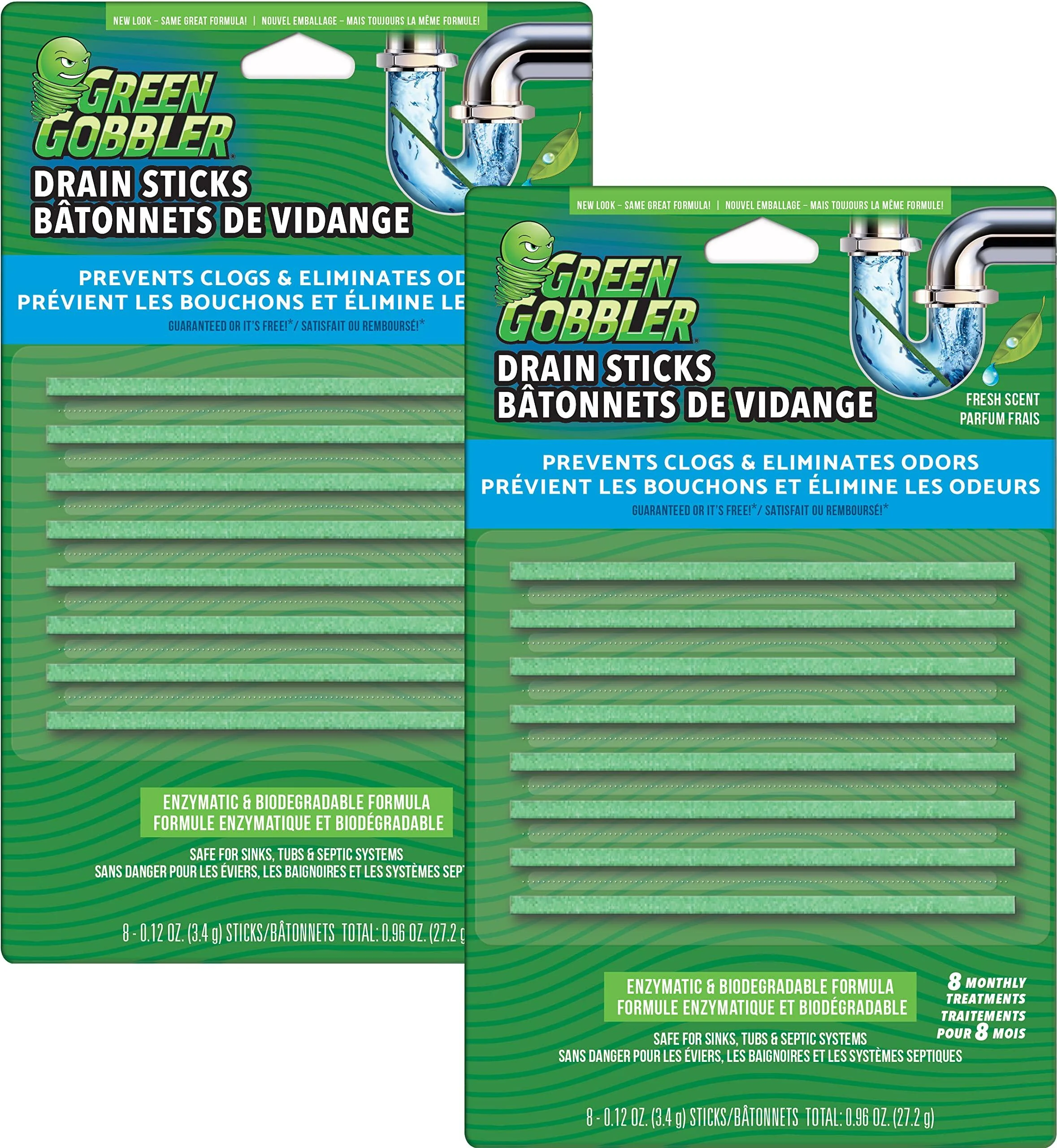 Green Gobbler Fresh Scent Drain Cleaner & Deodorizer Sticks- Prevents Sink & Shower Drain Clogs Prevents Odors Septic-Safe - 8 Count (2 PACK)