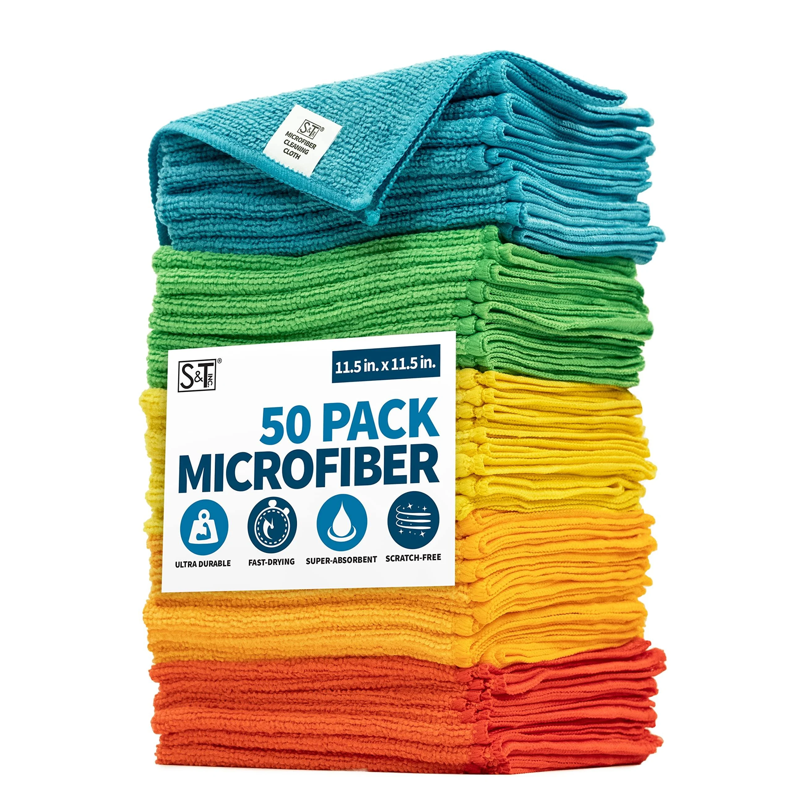S&T INC. Microfiber Cleaning Cloths, Reusable and Lint-Free Towels for Home, Kitchen and Auto, 11.5 Inch x 11.5 Inch, 50 Pack, Assorted