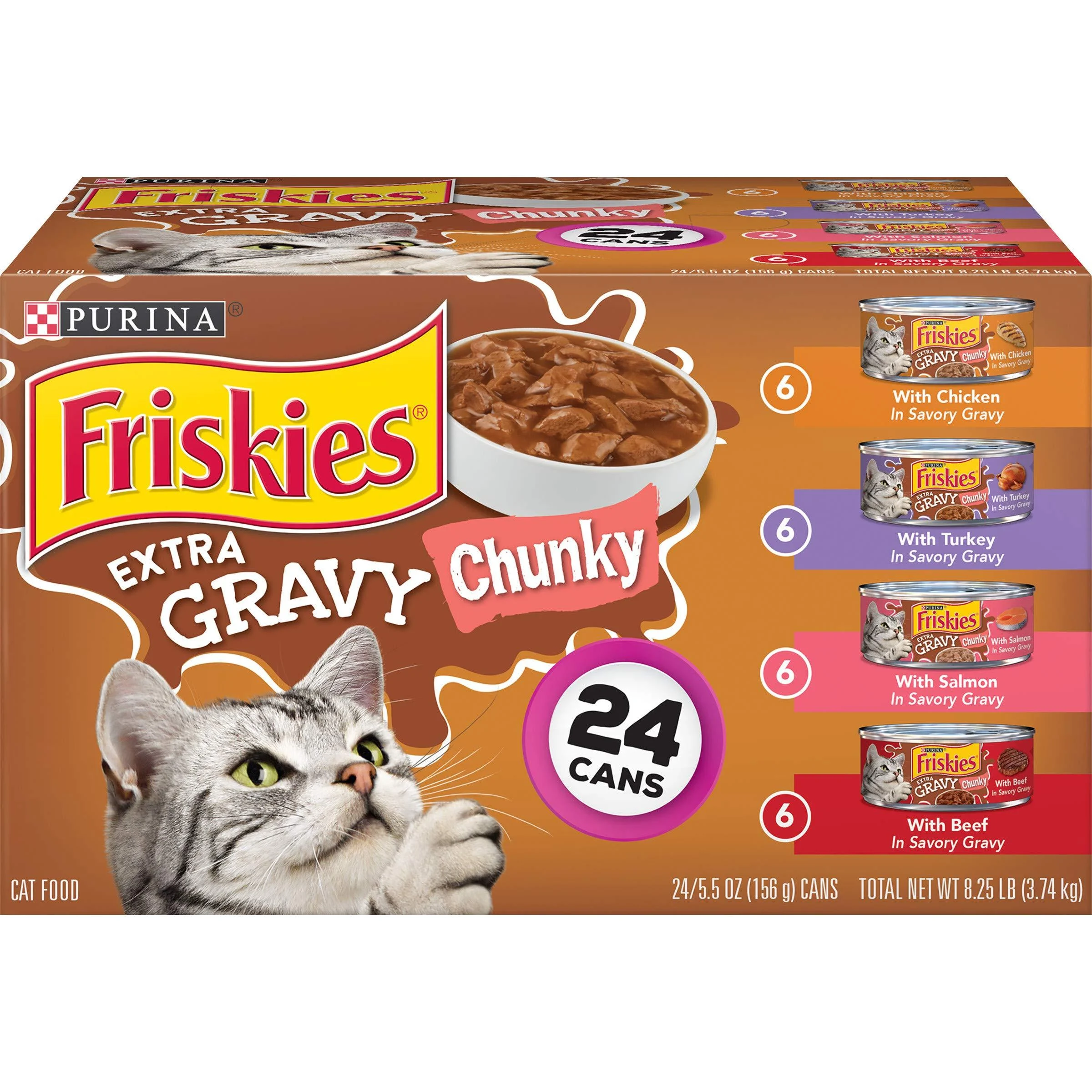 Purina Friskies Gravy Wet Cat Food Variety Pack, Extra Gravy Chunky - (24) 5.5 oz. Cans