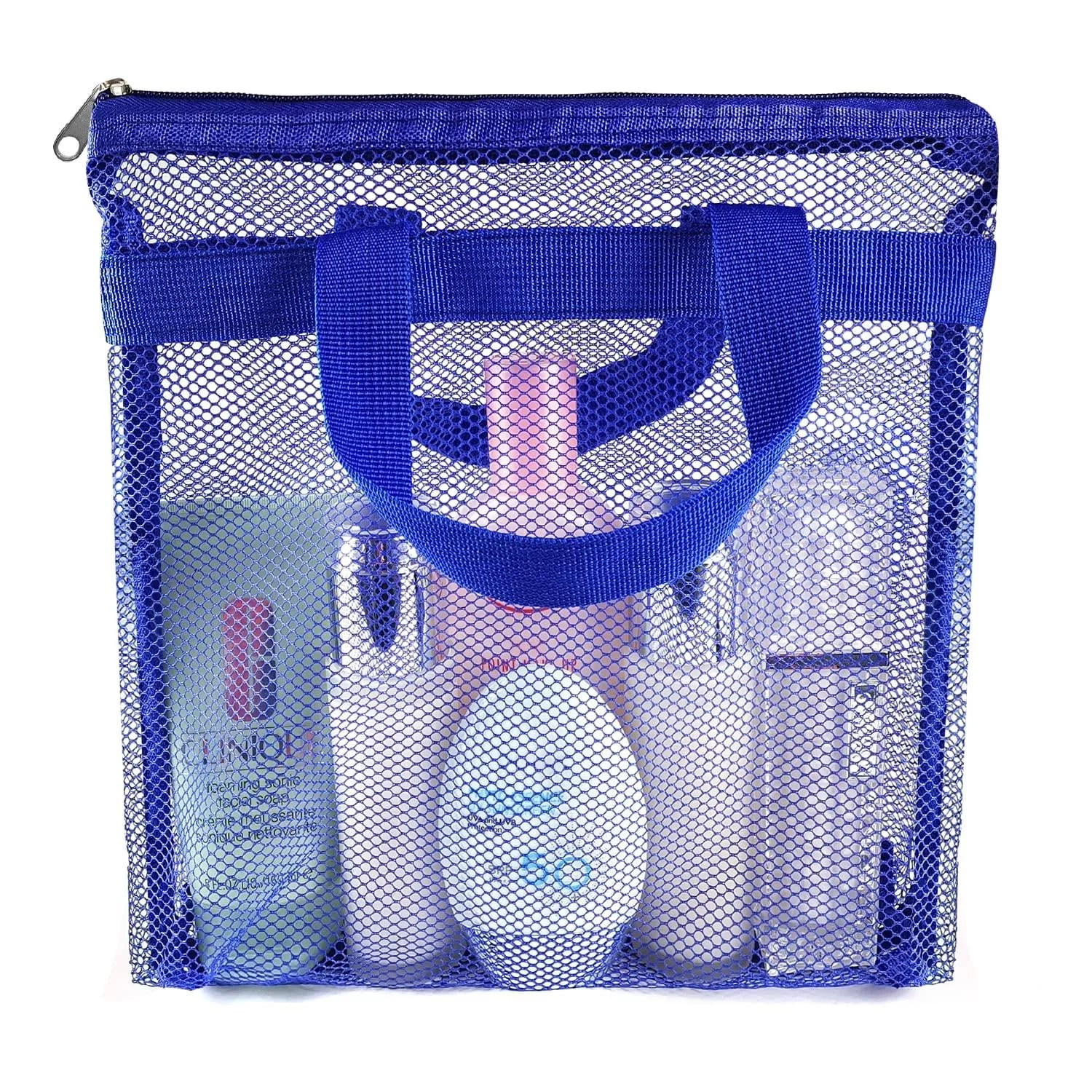 1 Pcs Portable Shower Mesh Caddy Bag Quick Dry Hanging Toiletry and Bath Organizer for Travel and Swimming with Zipper (Dark Blue) - Hommtina