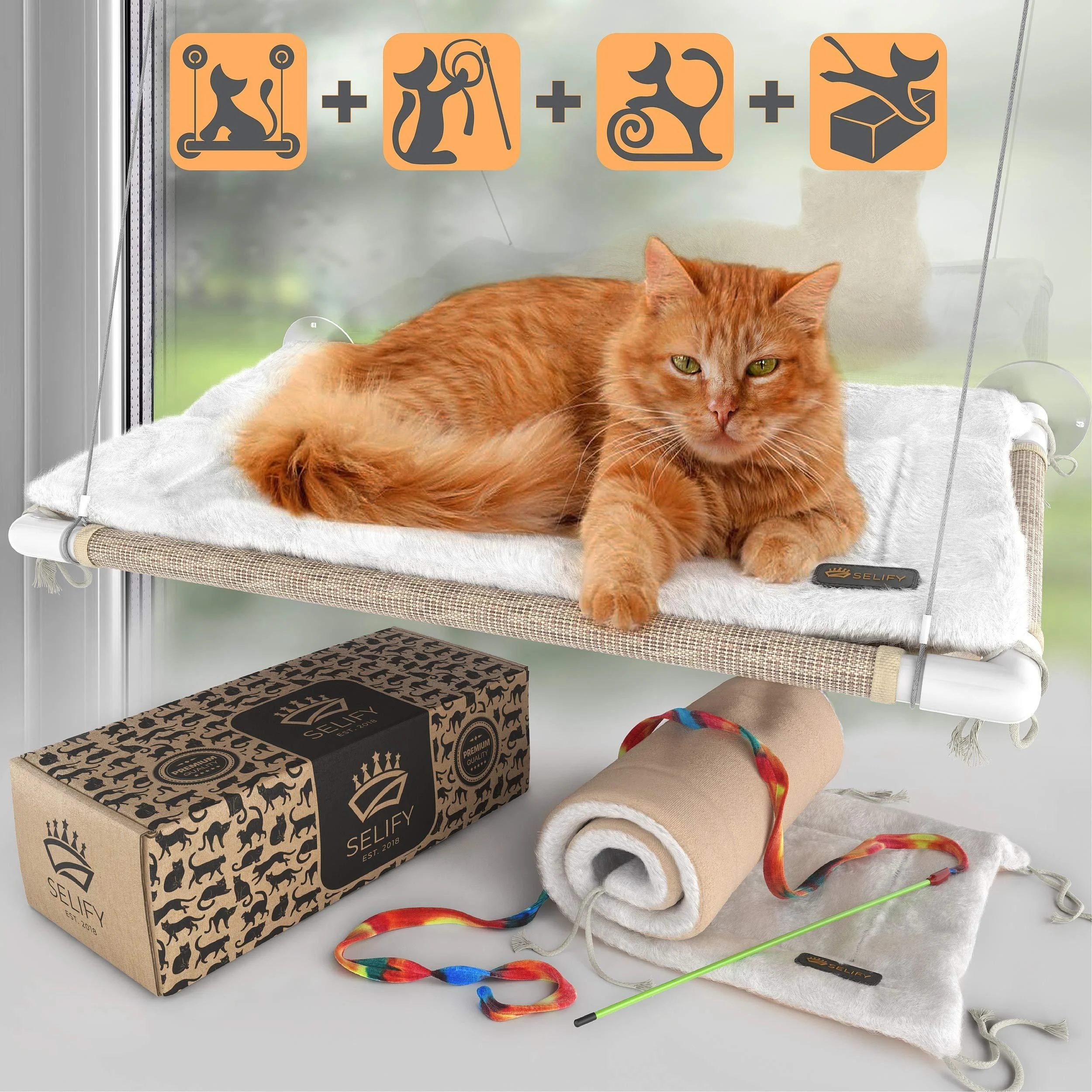 Selify Cat Window Perch - Free Fleece Blanket and Toy Extra Large and Sturdy Holds Two Large Cats Easy to Assemble!