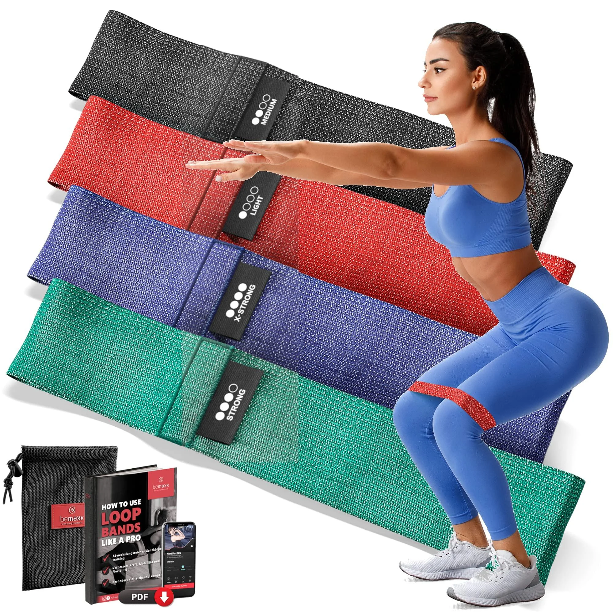 Fitness band Set - latex/fabric loop resistance resistance tapes + training book |Gymnastics band Fitness Sport Workout strength training band elastic |Booty training band sports band miniband yoga fabric - 4er set