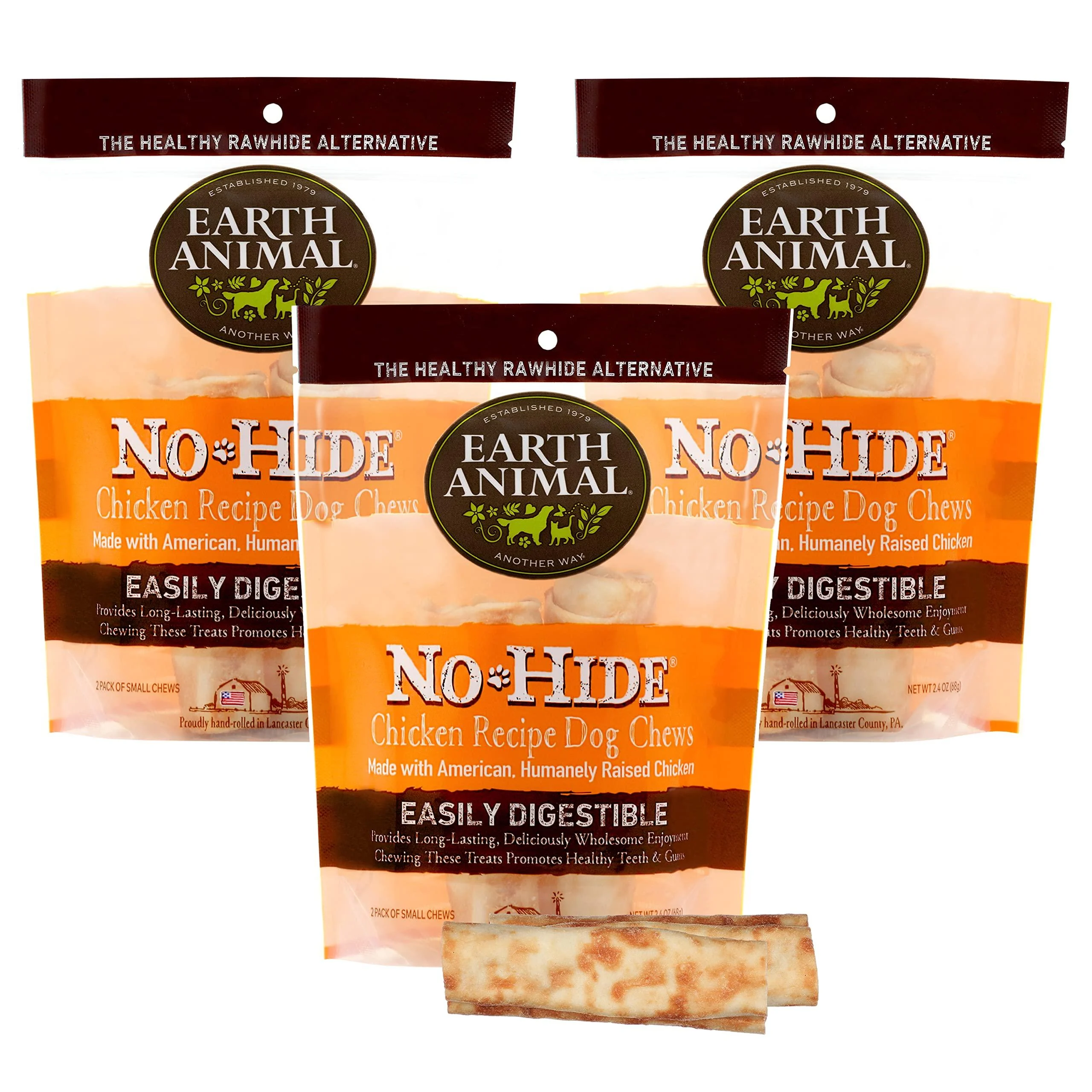 Earth Animal No-Hide Flavorful Small Natural Rawhide Alternative Dog Chews Chicken 2 Count (Pack of 3)