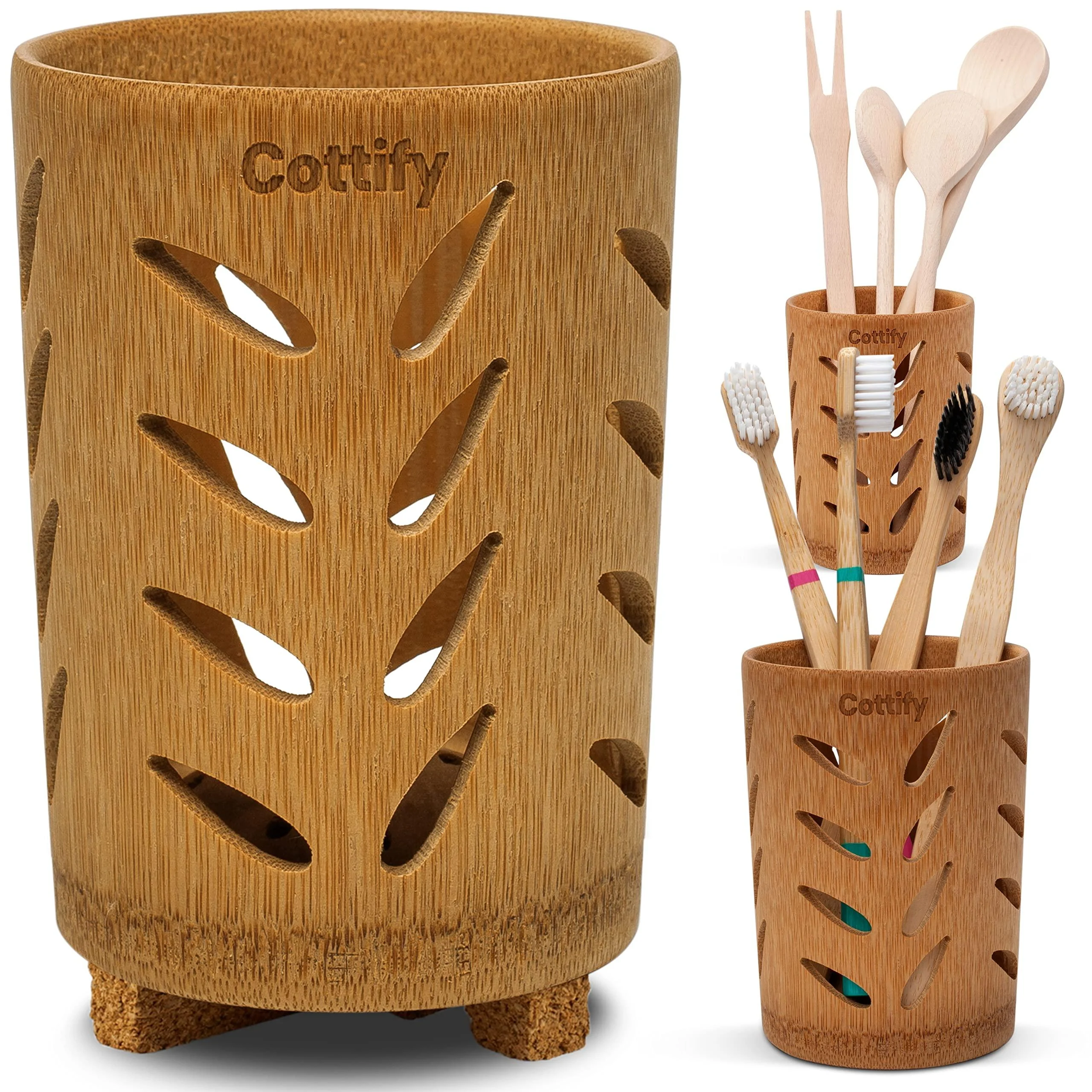 Cottify Bamboo Toothbrush Holder for Bathroom Toothbrush Cup with Drainage Quick Drying Bathroom Cup 360 airflow Toothpaste Holder for Bathroom Bathroom Cup Holder Toothbrush Drainer Leaves Matte